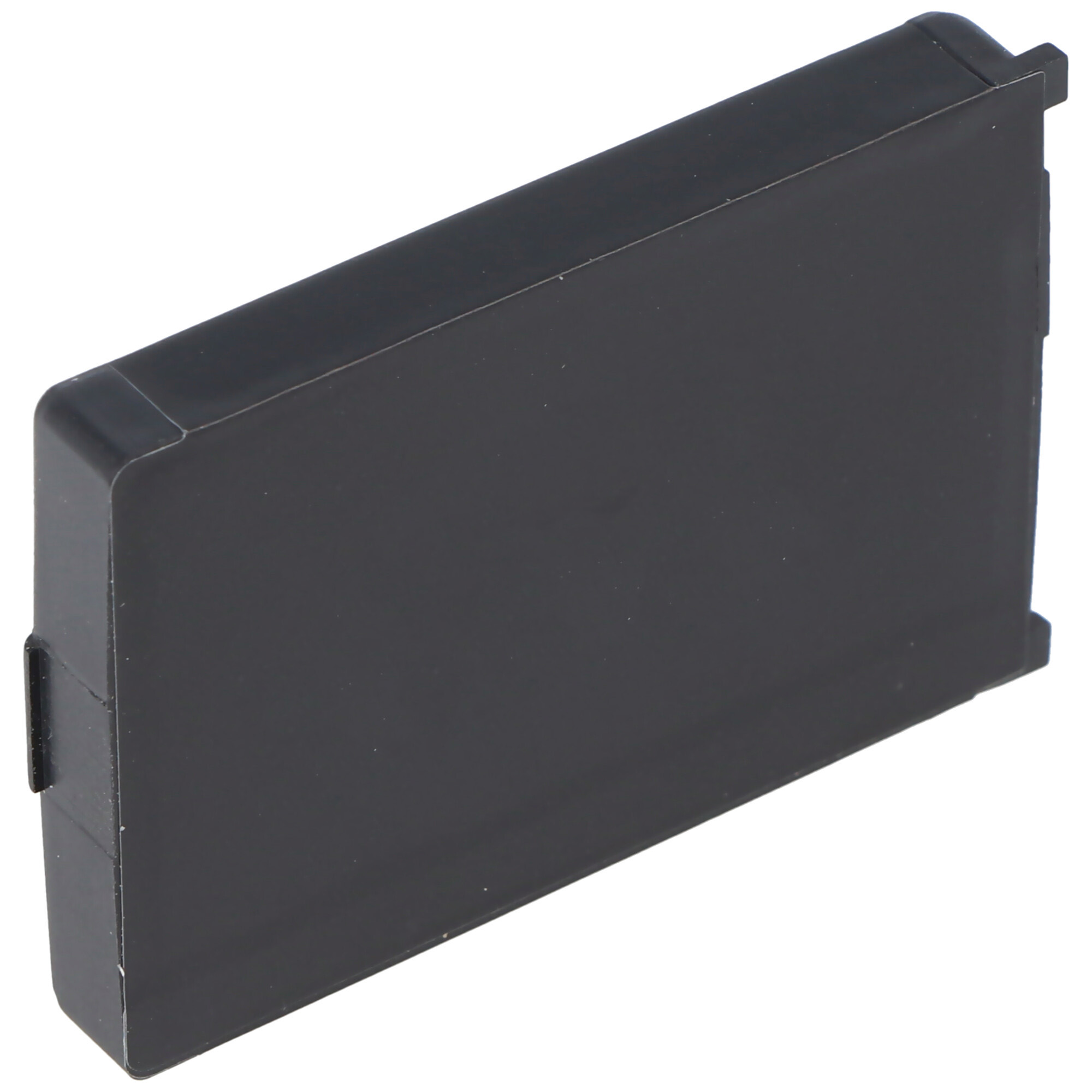 Eine rechteckige schwarze Box, leicht geneigt, auf weißem Hintergrund.