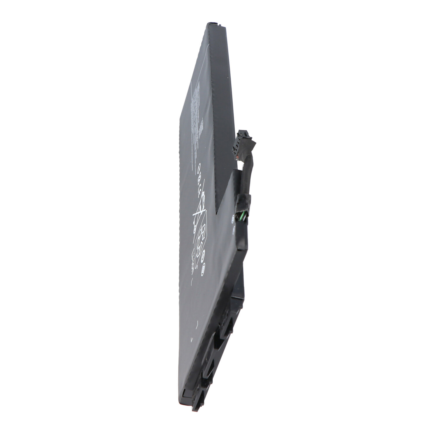 Een zwart rechthoekig elektronisch component, mogelijk een batterij, met connectoren. De achtergrond is wit.