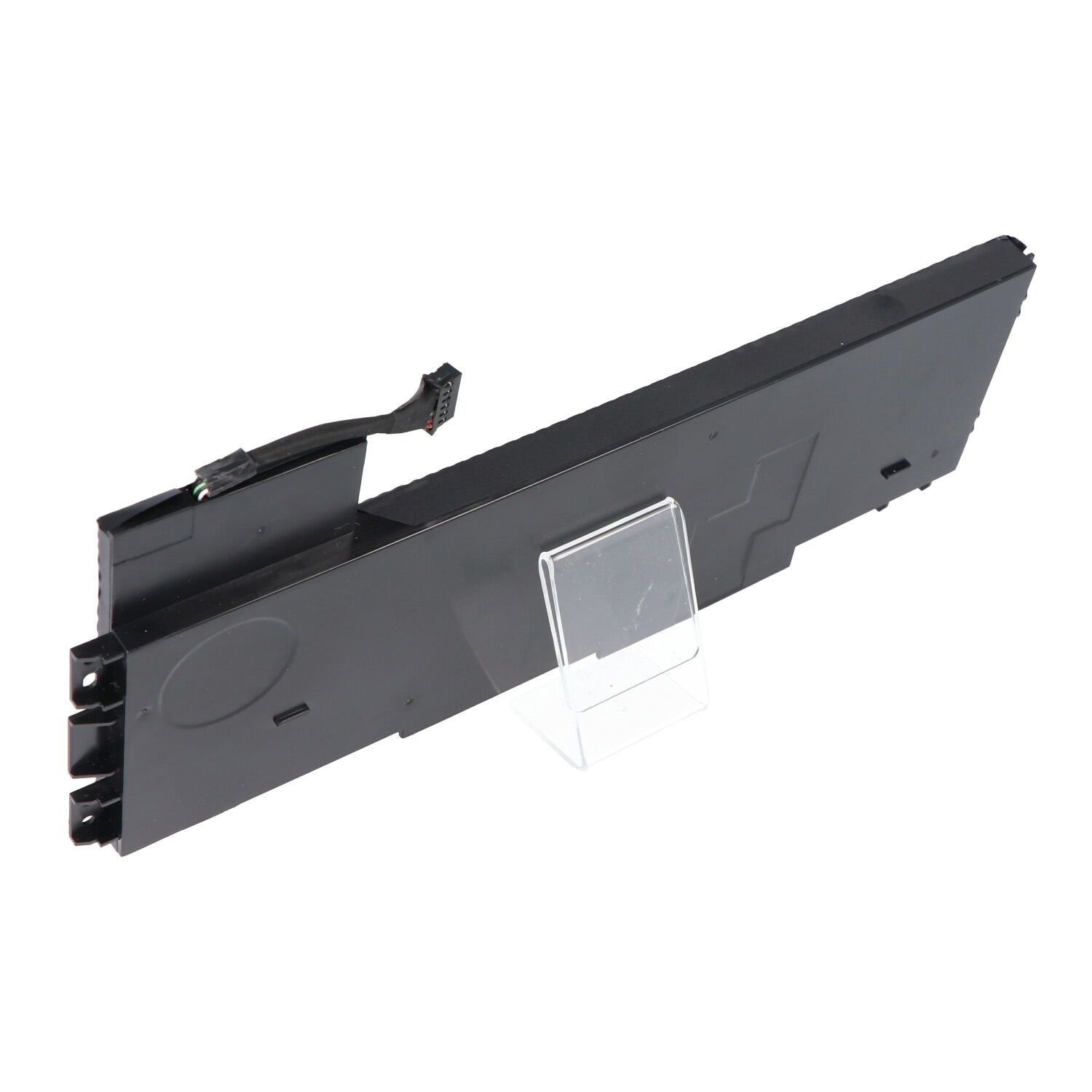 Zwart rechthoekig elektronisch onderdeel met connector, op een transparante plastic standaard, tegen een witte achtergrond.