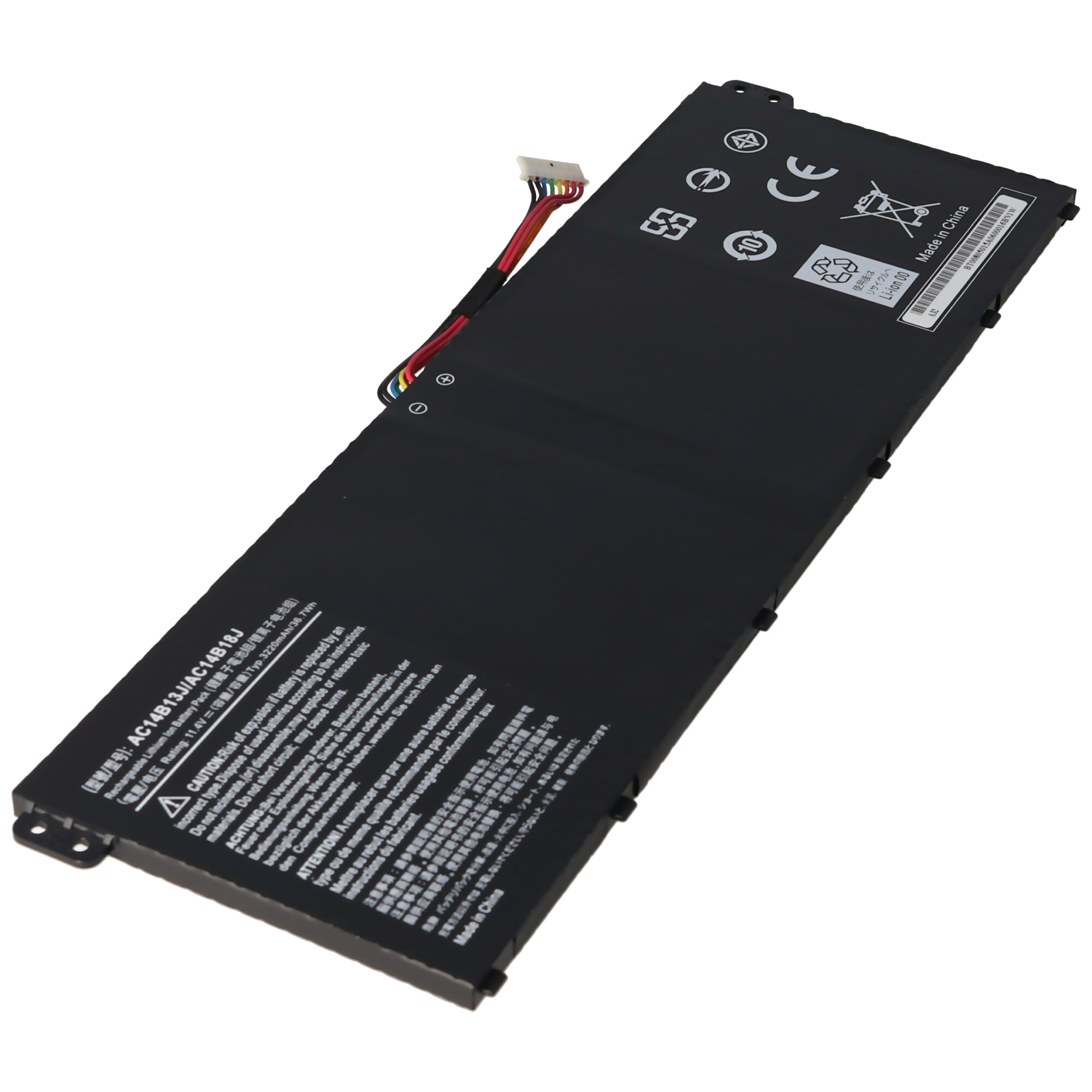 Zwarte laptopbatterij met tekst, bovenaanzicht. Zwarte plastic behuizing, op wit.