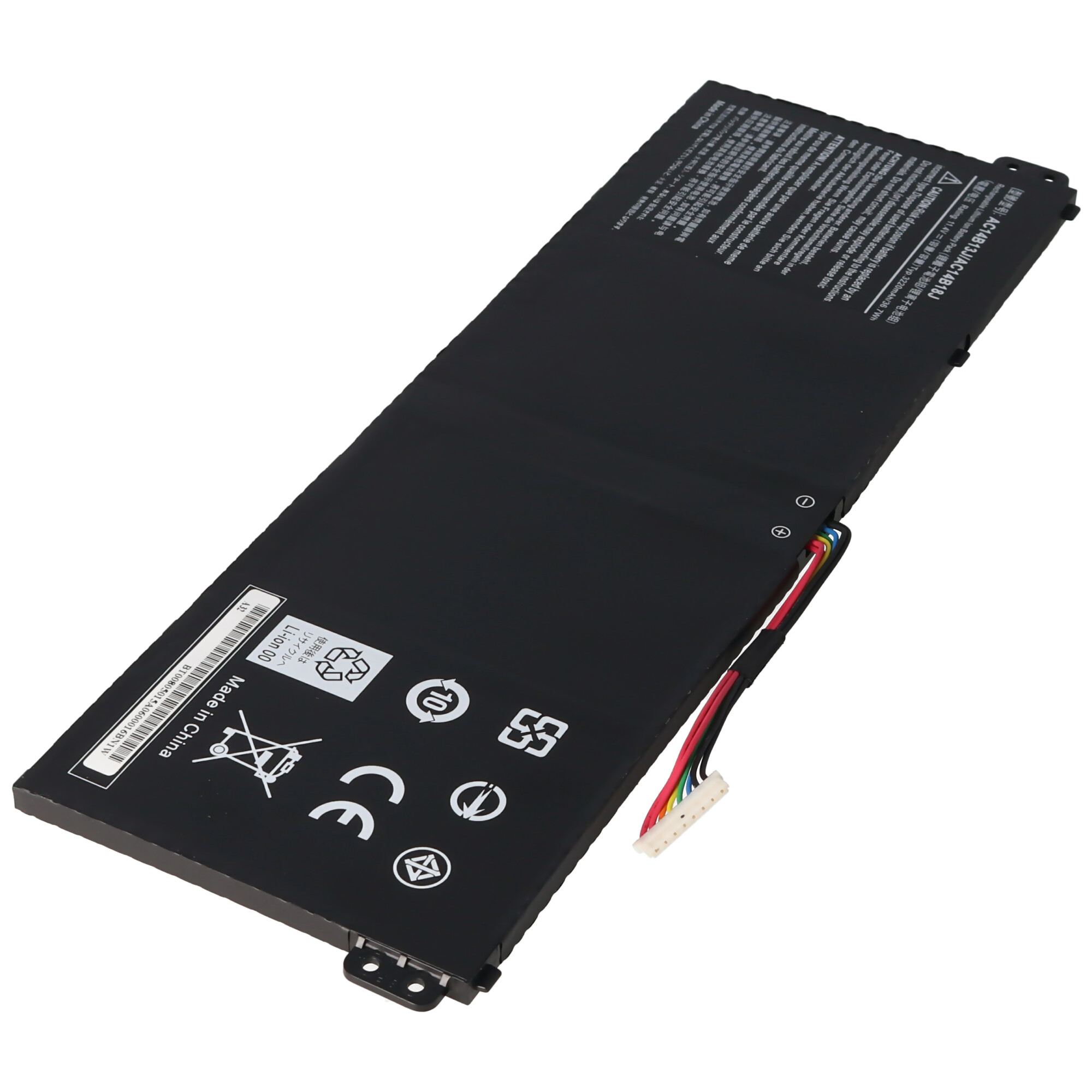 Zwarte laptopbatterij op een witte achtergrond. Heeft labels, markeringen en een meerkleurige draadconnector.