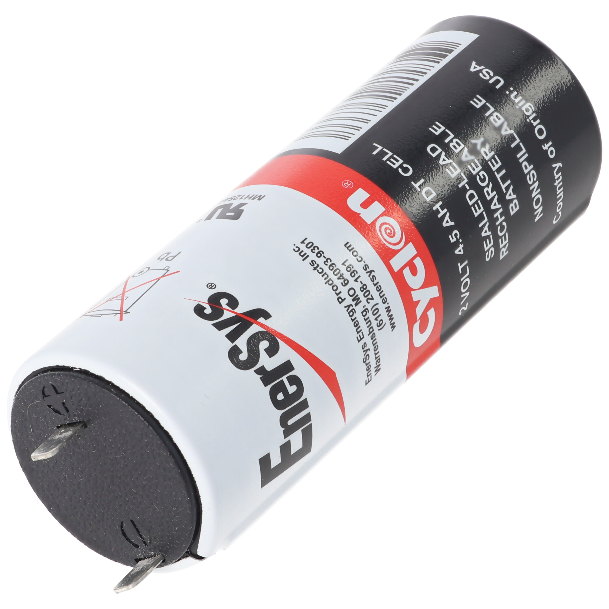 Zylindrische, wiederaufladbare Batterie, weiß mit schwarzen und roten Akzenten, zwei Metallstifte.