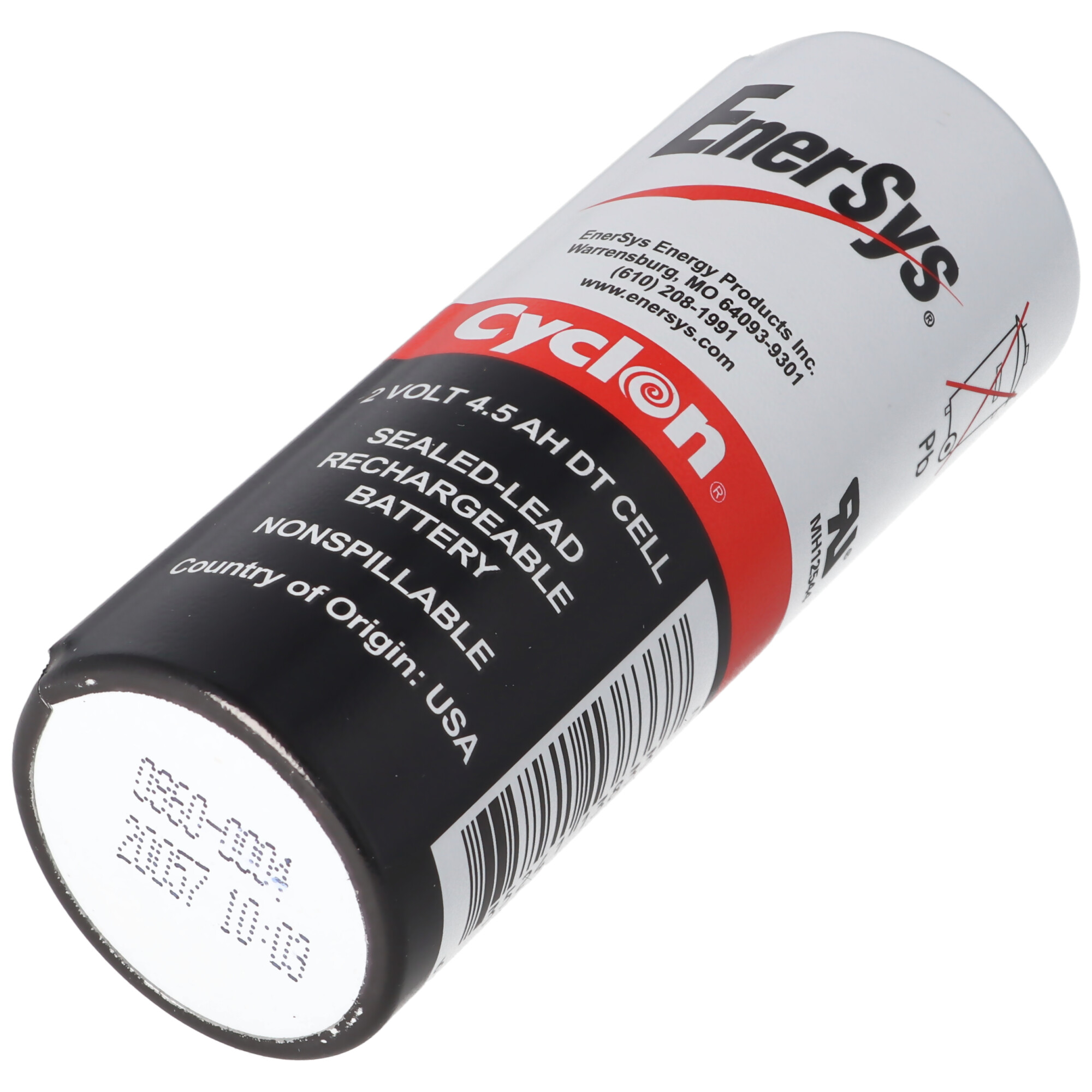 Zylindrische Batterie, weiß und schwarz, mit Text und einem Warndreieck, Herkunft USA.