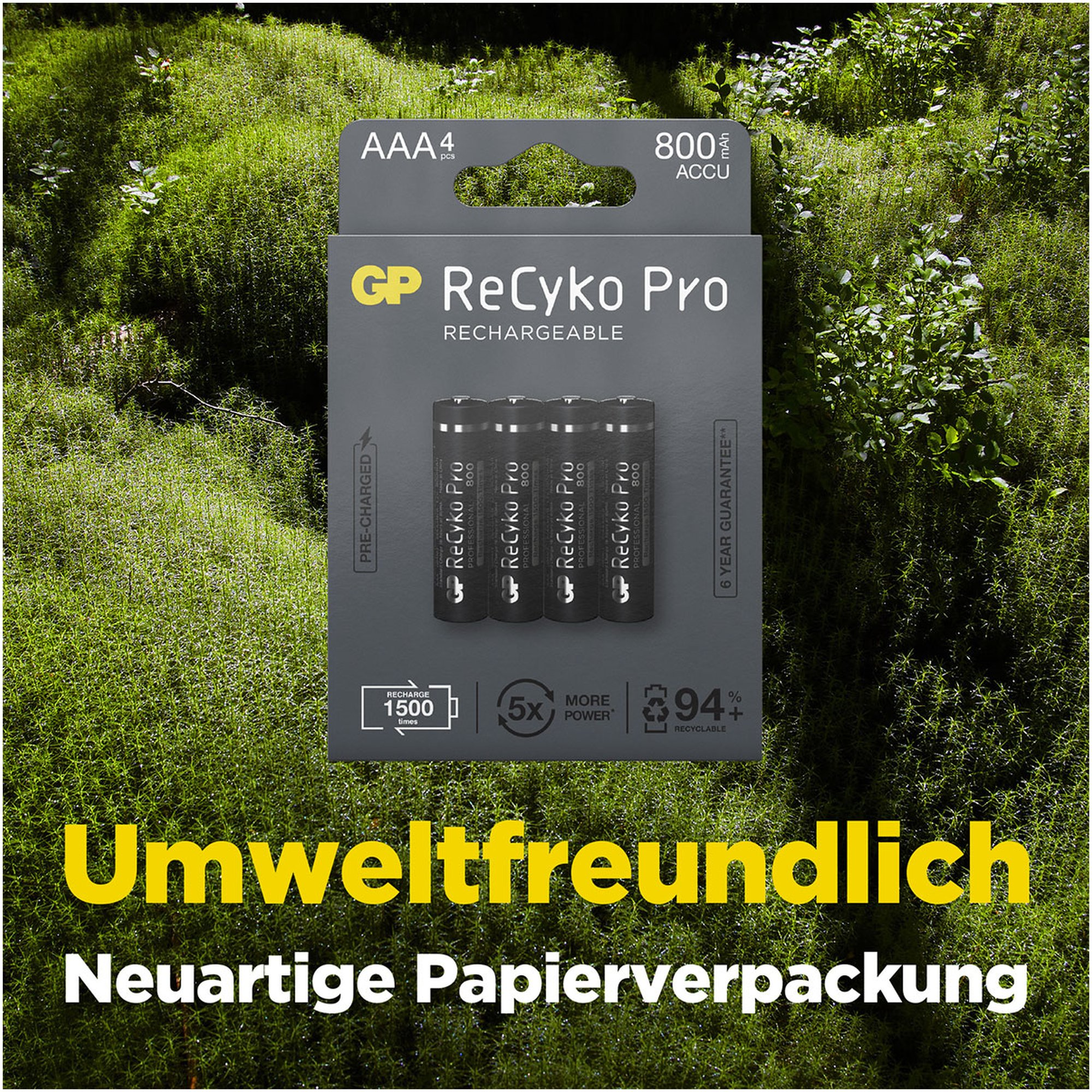 Battery pack with batteries and text in German on a mossy background.