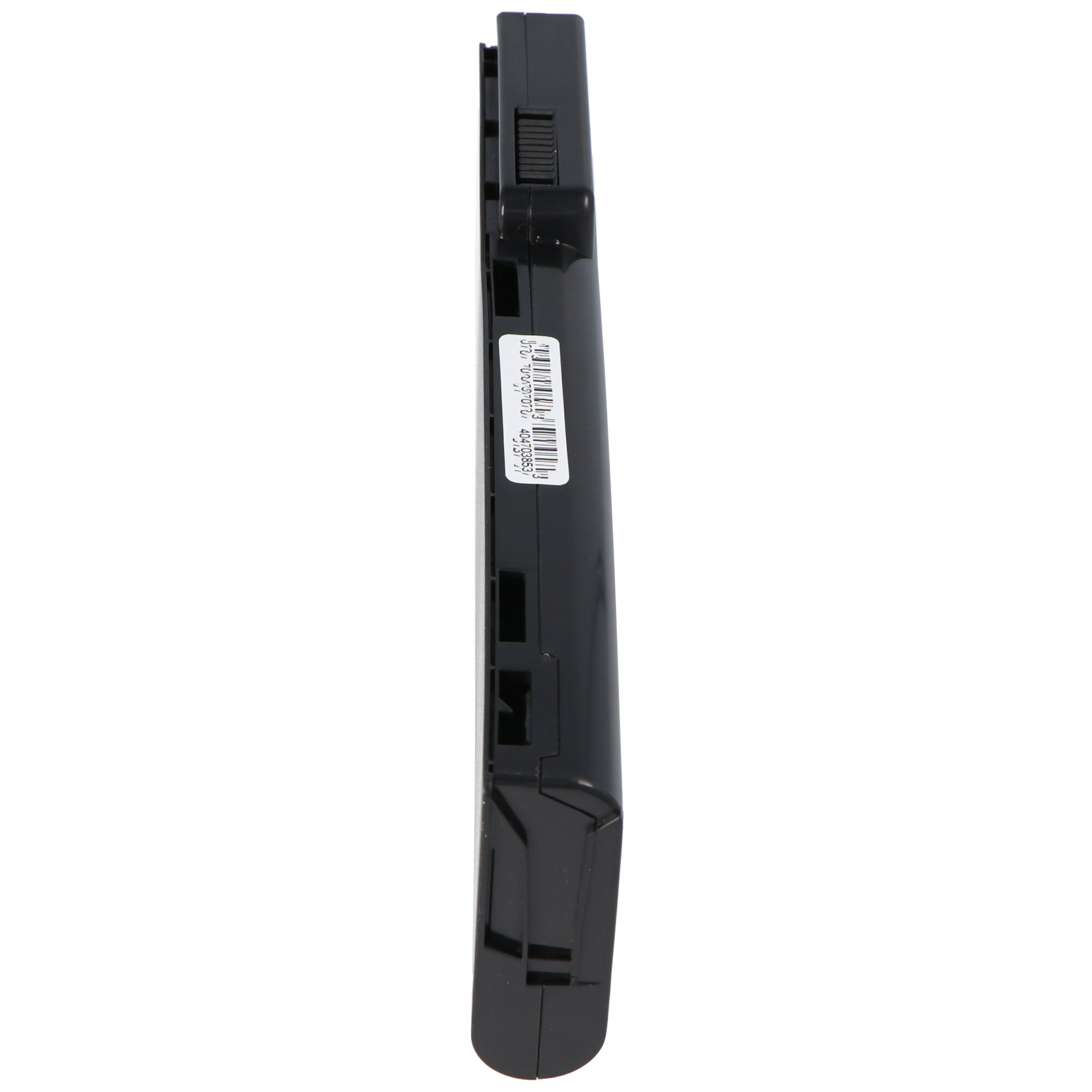 Batteria per laptop nera, vista laterale. Etichettata con un adesivo con codice a barre.