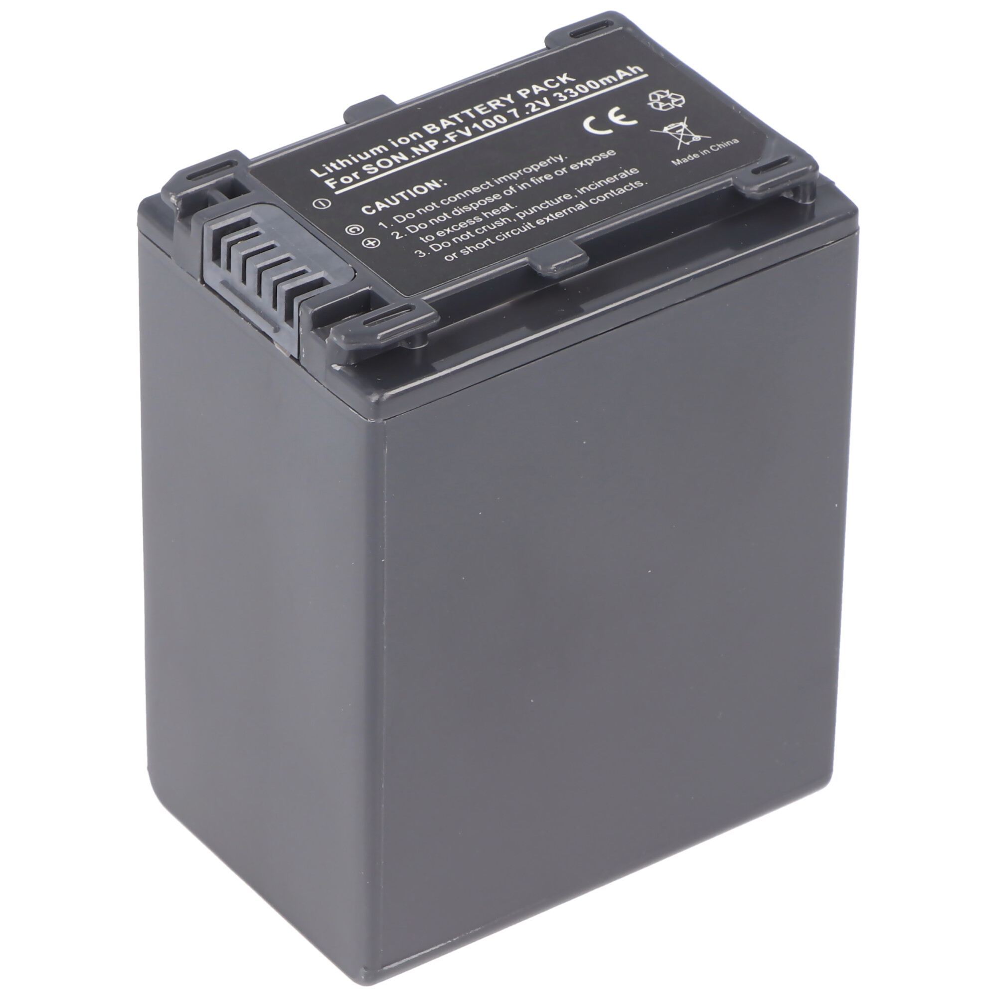Ein grauer rechteckiger Lithium-Ionen-Akku mit Text darauf.