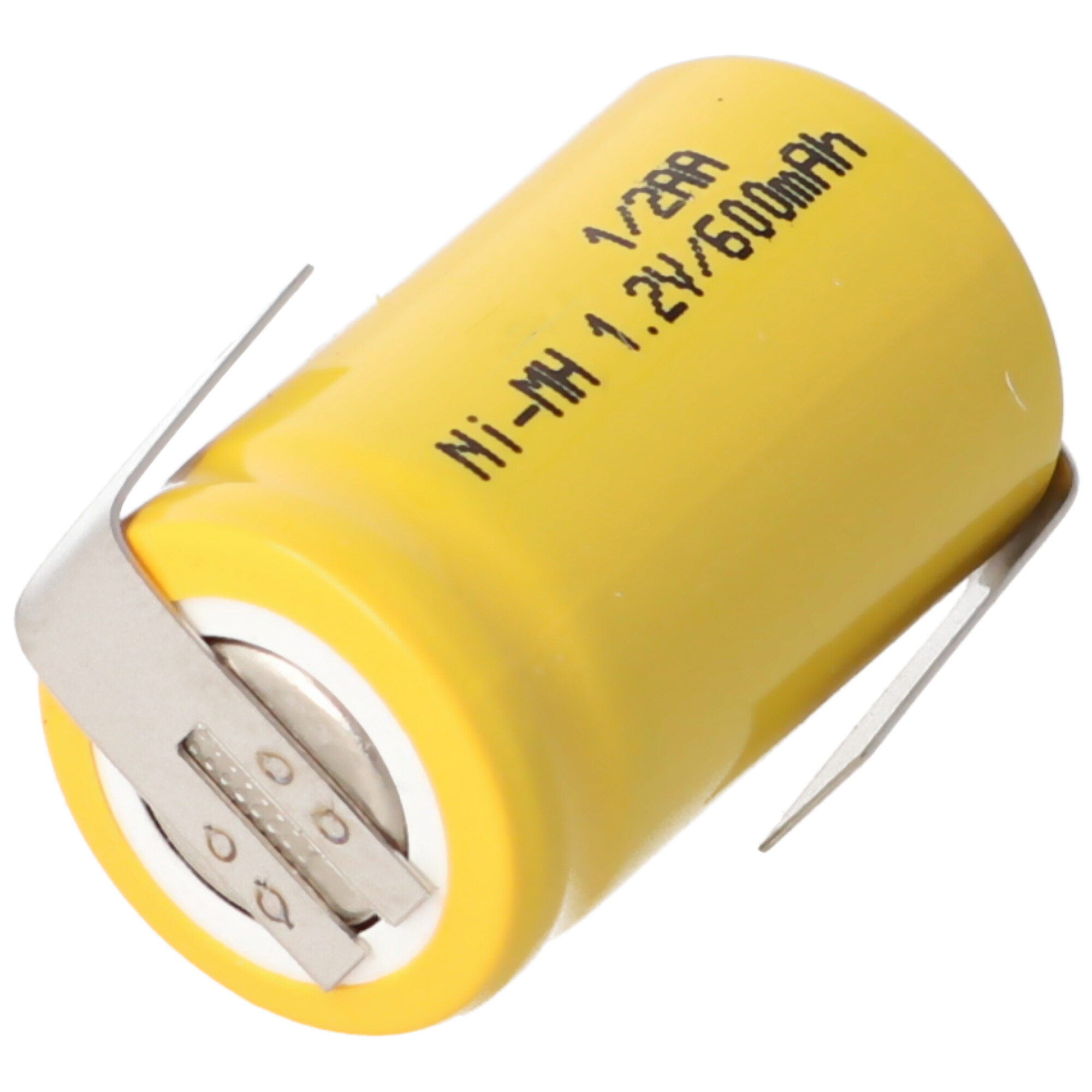 Gelbe zylindrische Batterie mit silberner Metallhalterung und Text.