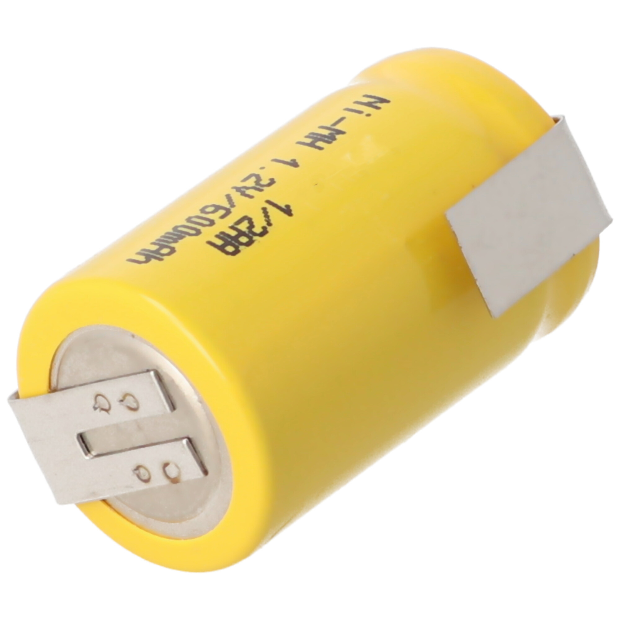 Eine gelbe Batterie mit Metallanschlüssen und der Aufschrift 'Ni-MH 1,2 V 600 mAh 1/2AA'.