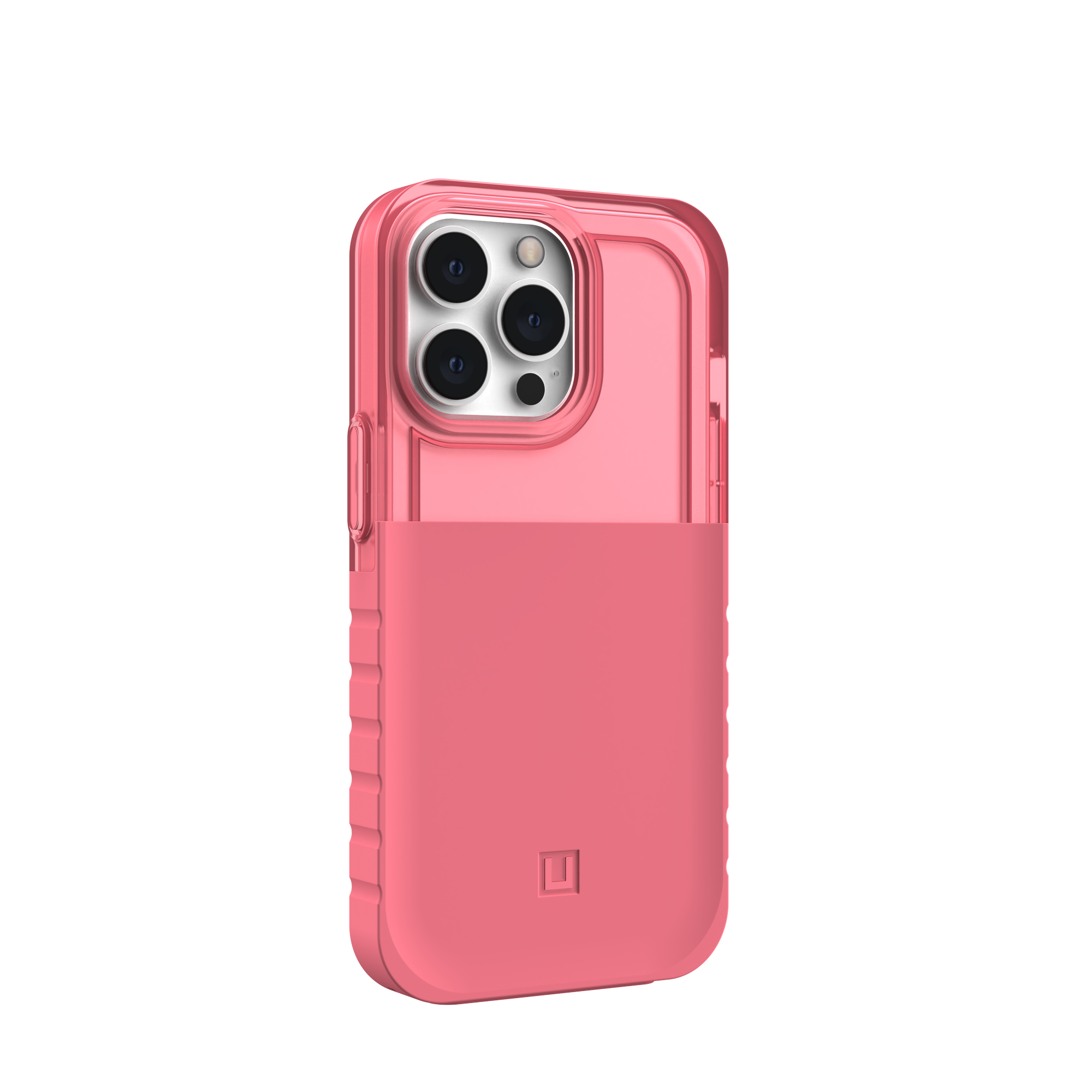 Eine rosa Handyhülle mit durchsichtigem Rücken und Kameraausschnitten. Auf schwarzem Grund.