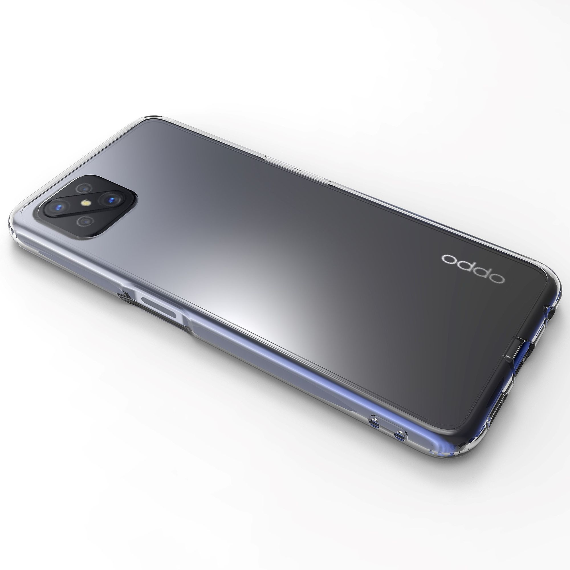 Eine transparente Handyhülle, die die Rückseite eines OPPO-Telefons zeigt. Der Hintergrund ist weiß.