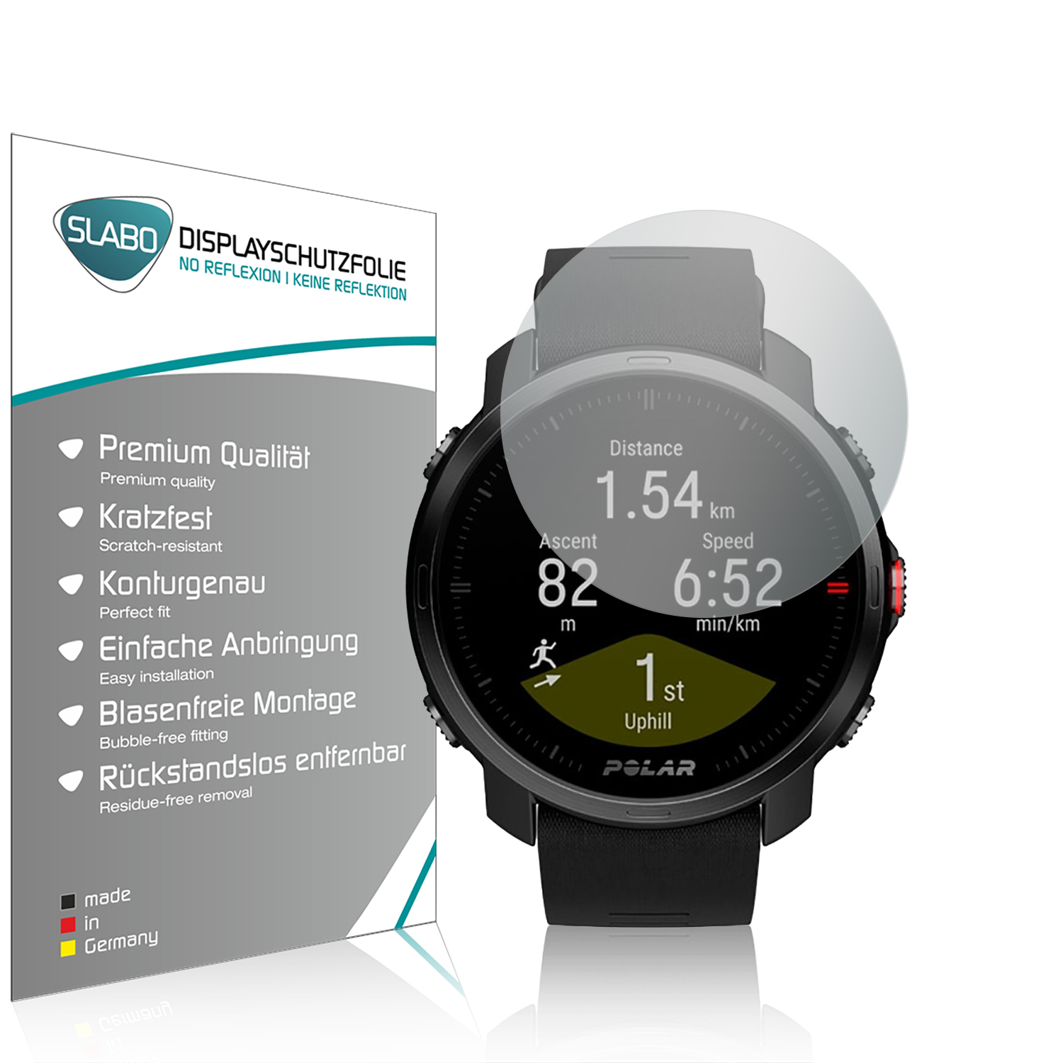 Smartwatch mit Displayschutzfolie und Text, der Distanz, Geschwindigkeit und Herzfrequenz anzeigt.
