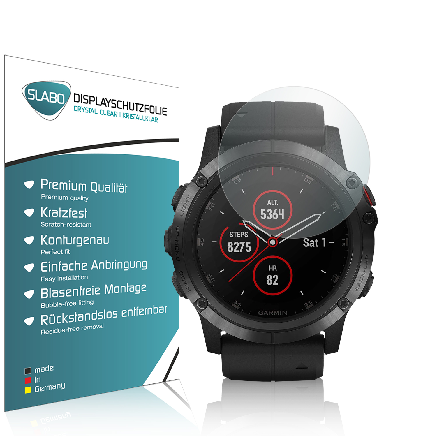 Schwarze Garmin-Uhr mit Displayschutzfolie und Informationen über ihre Funktionen.