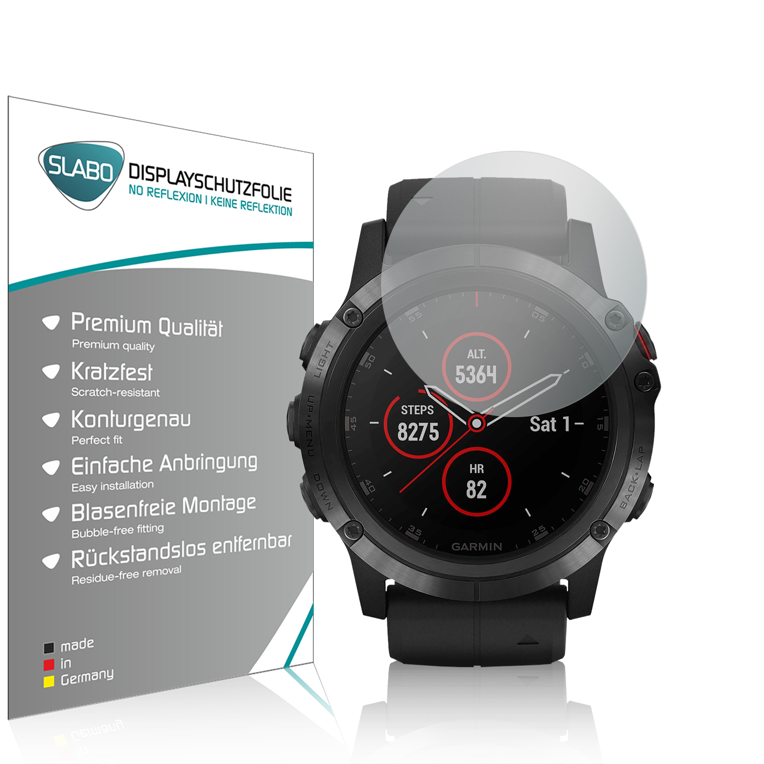 Smartwatch mit Displayschutz. Die Uhr zeigt Schritte, HR und Zeit an. Text auf dem Schutz.