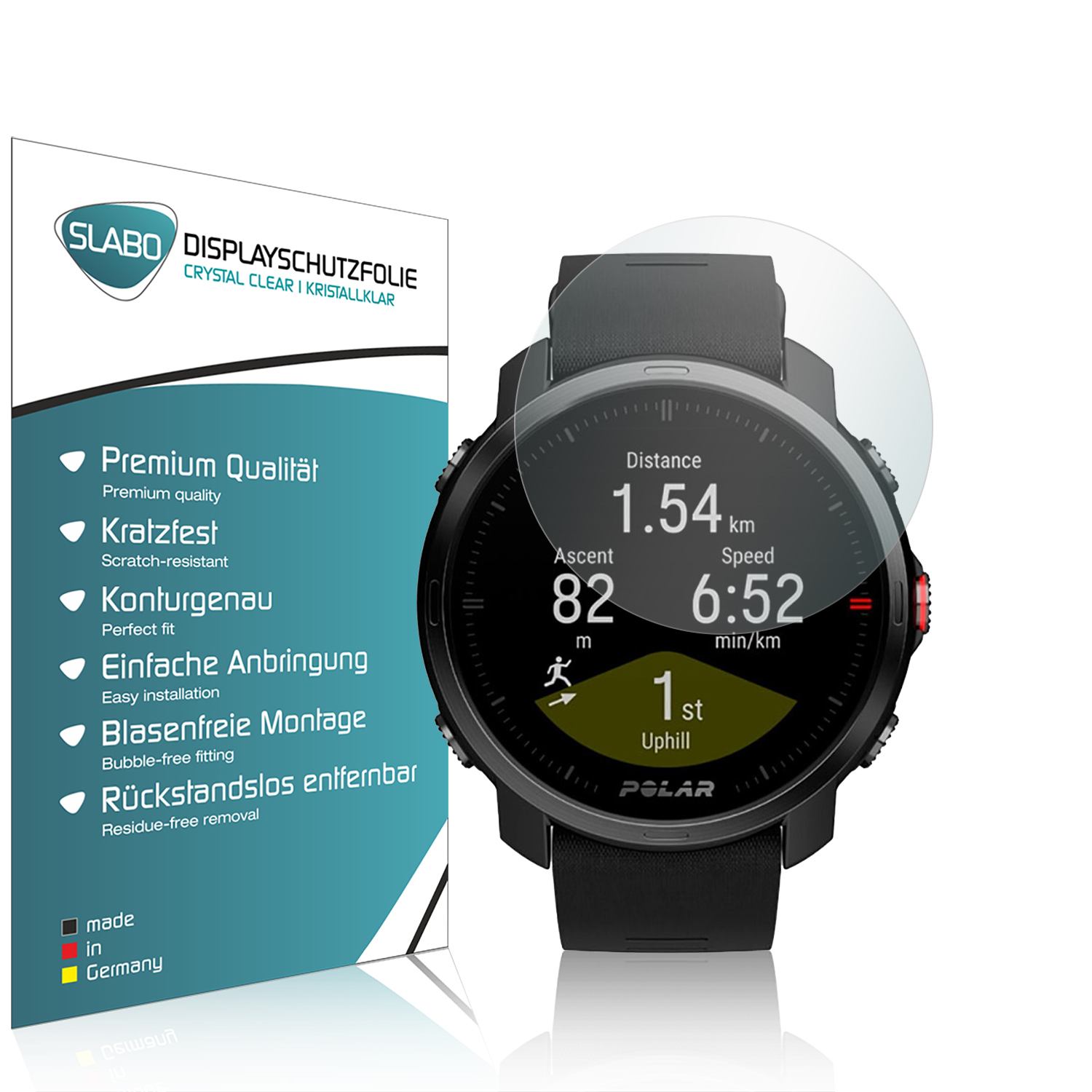 Eine Smartwatch mit Displayschutz und Verpackung.