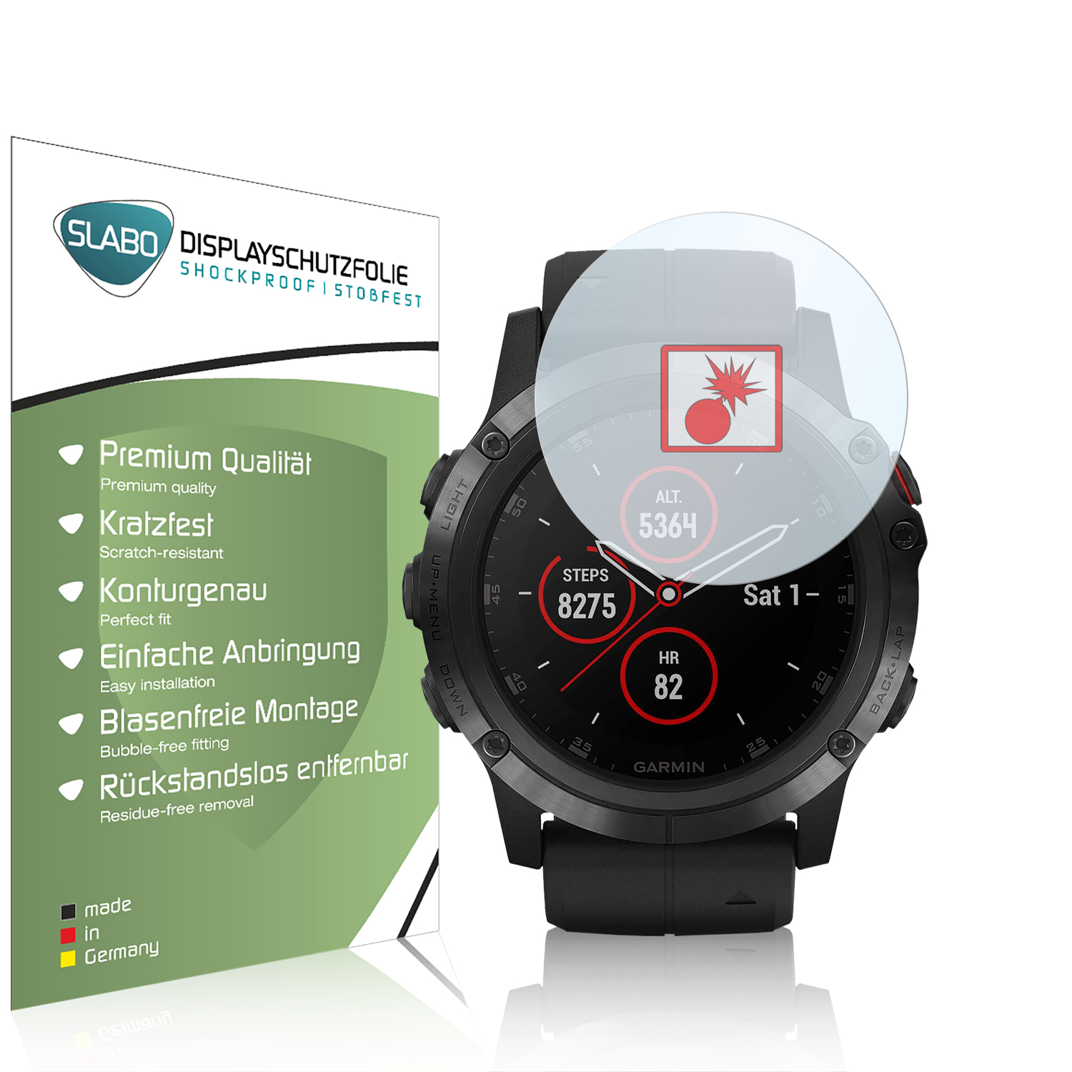 Smartwatch mit Displayschutzfolie und Text. Weißer Hintergrund.