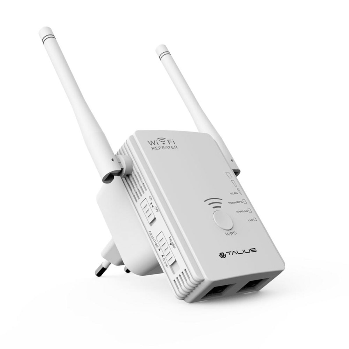 Repetidor WiFi blanco con dos antenas y enchufe. Se ve la marca Talus.