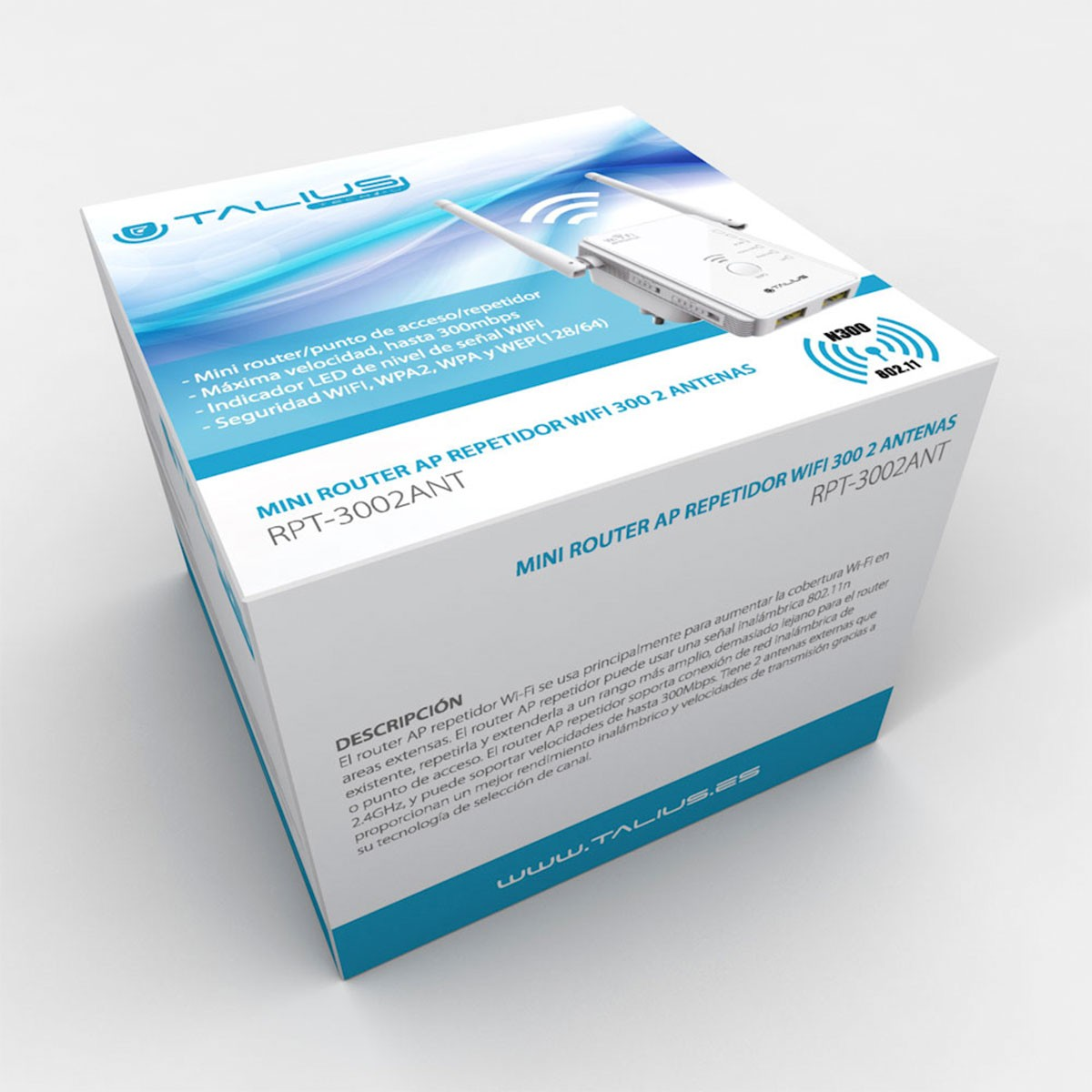 Caja blanca y azul con descripción del producto. Fondo blanco.