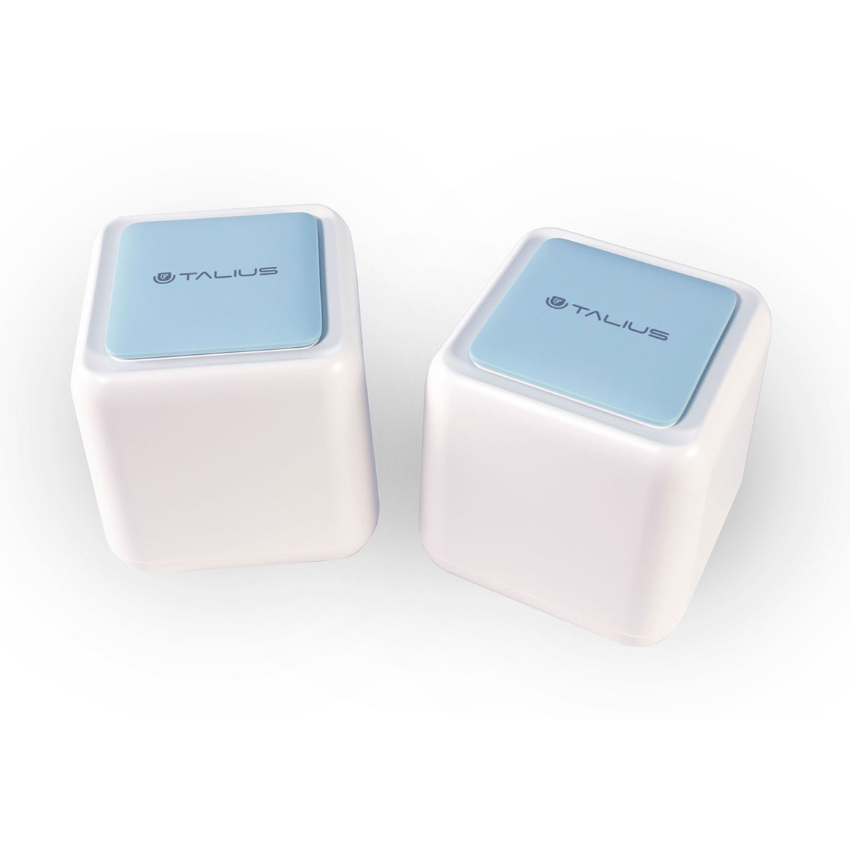 Dwie białe kostki z niebieskimi wierzchami. Każda kostka ma logo 'TALIUS' na niebieskim wierzchu.