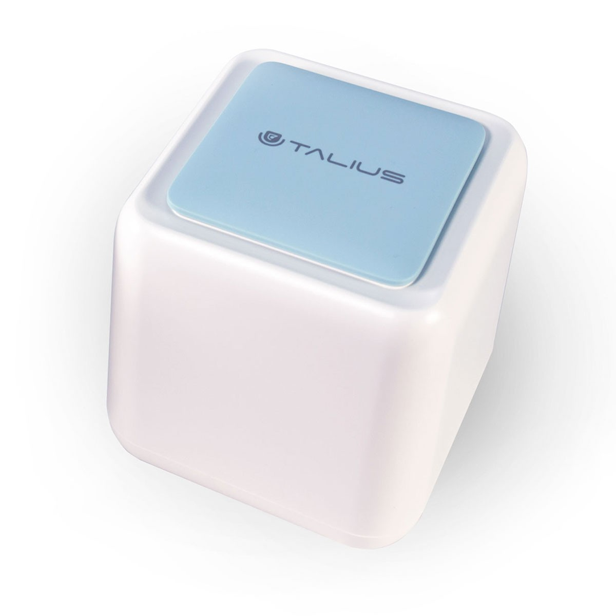 Cubo blanco con tapa azul claro. La tapa tiene la marca 'TALIUS' impresa.