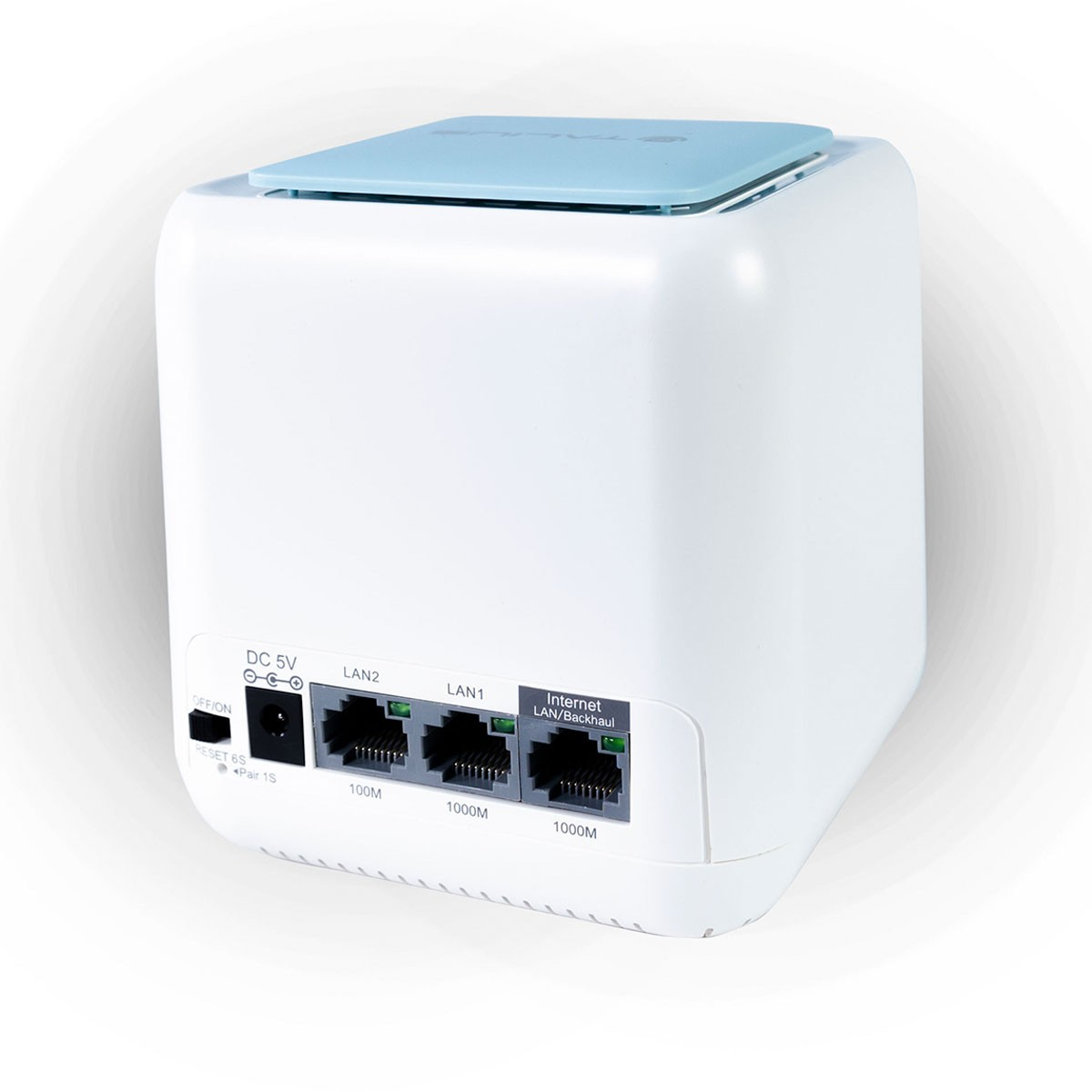 Un router blanco con forma de cubo con puertos y tapa azul.