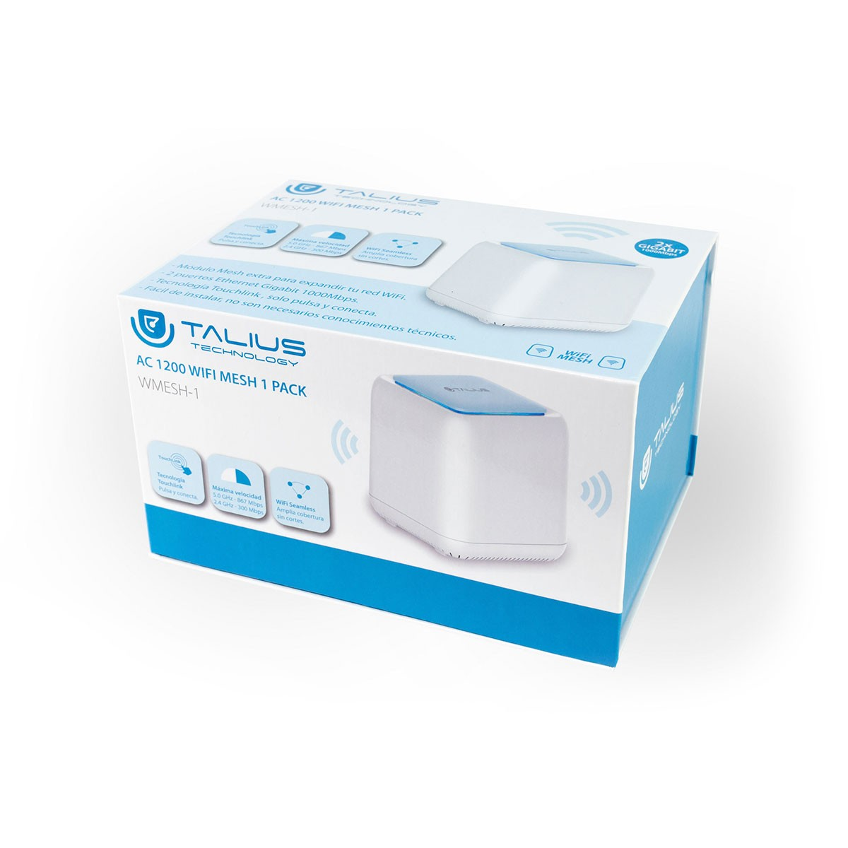 Una caja blanca y azul con un producto de malla wifi.