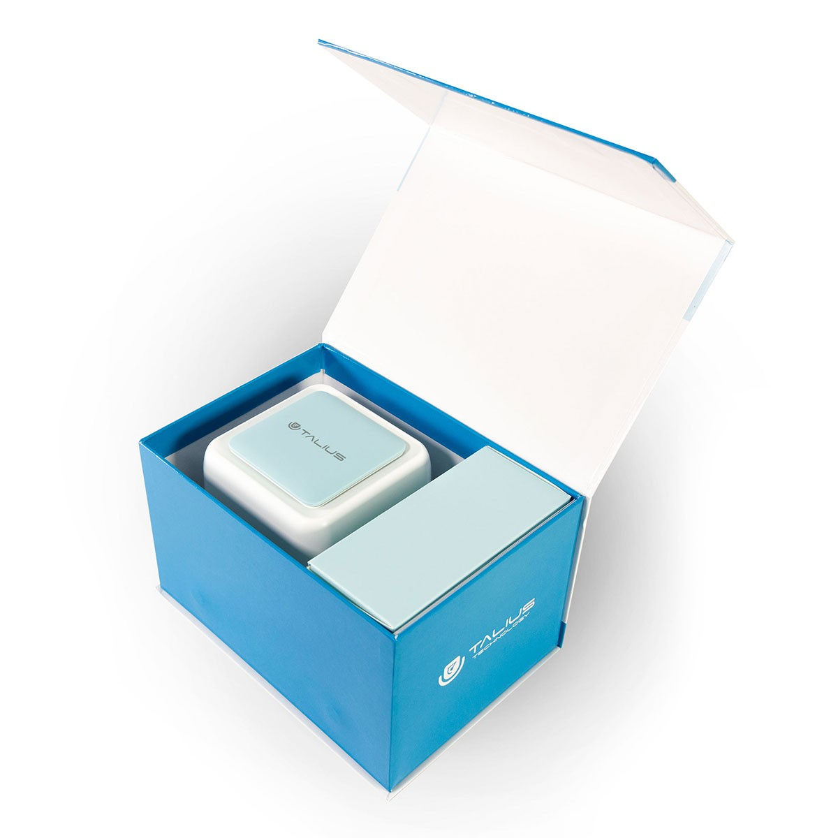 Una caja azul con tapa blanca y una caja azul claro dentro. La caja está abierta.