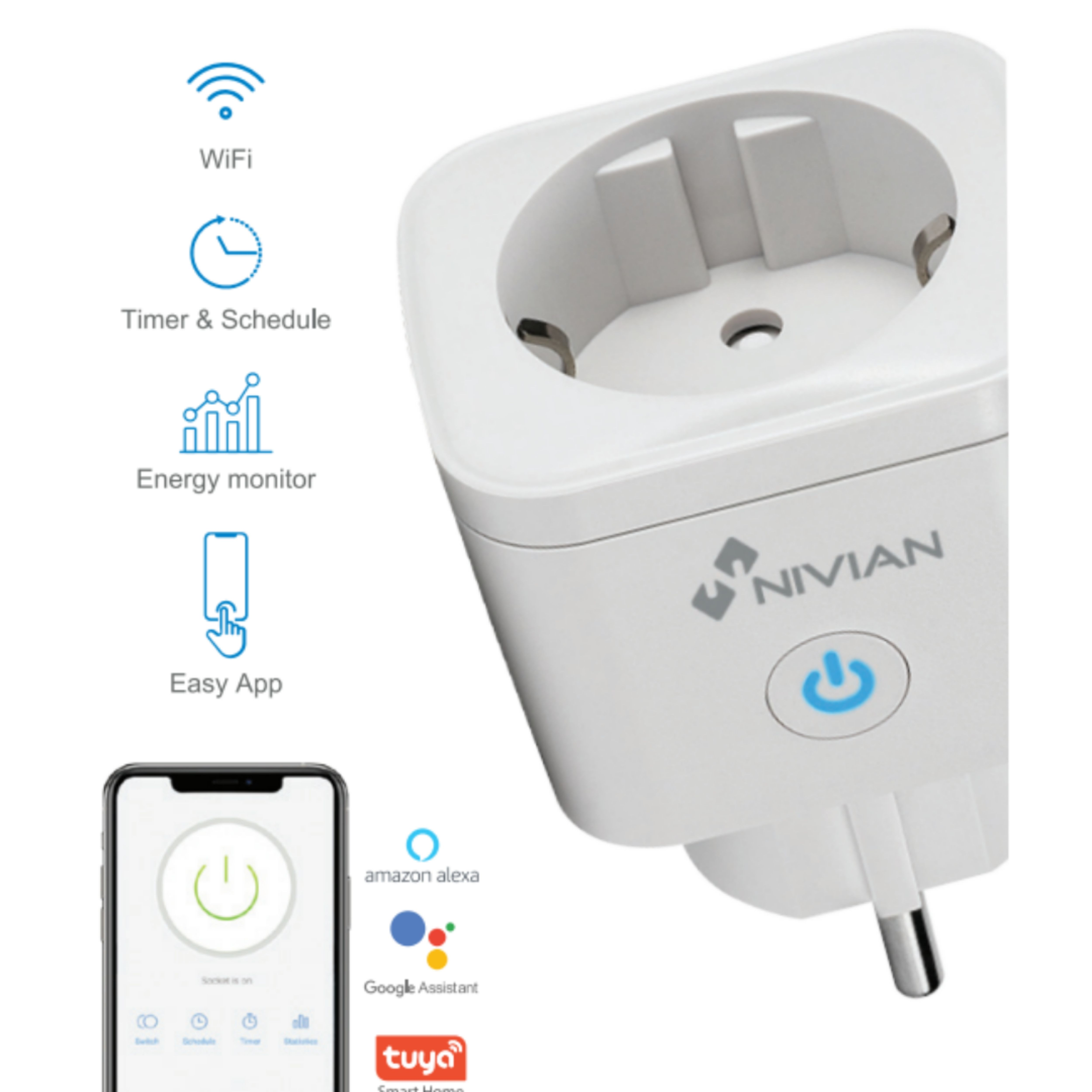 Enchufe inteligente blanco con logo, WiFi, temporizador, monitor de energía y control de la app. El teléfono muestra encendido.