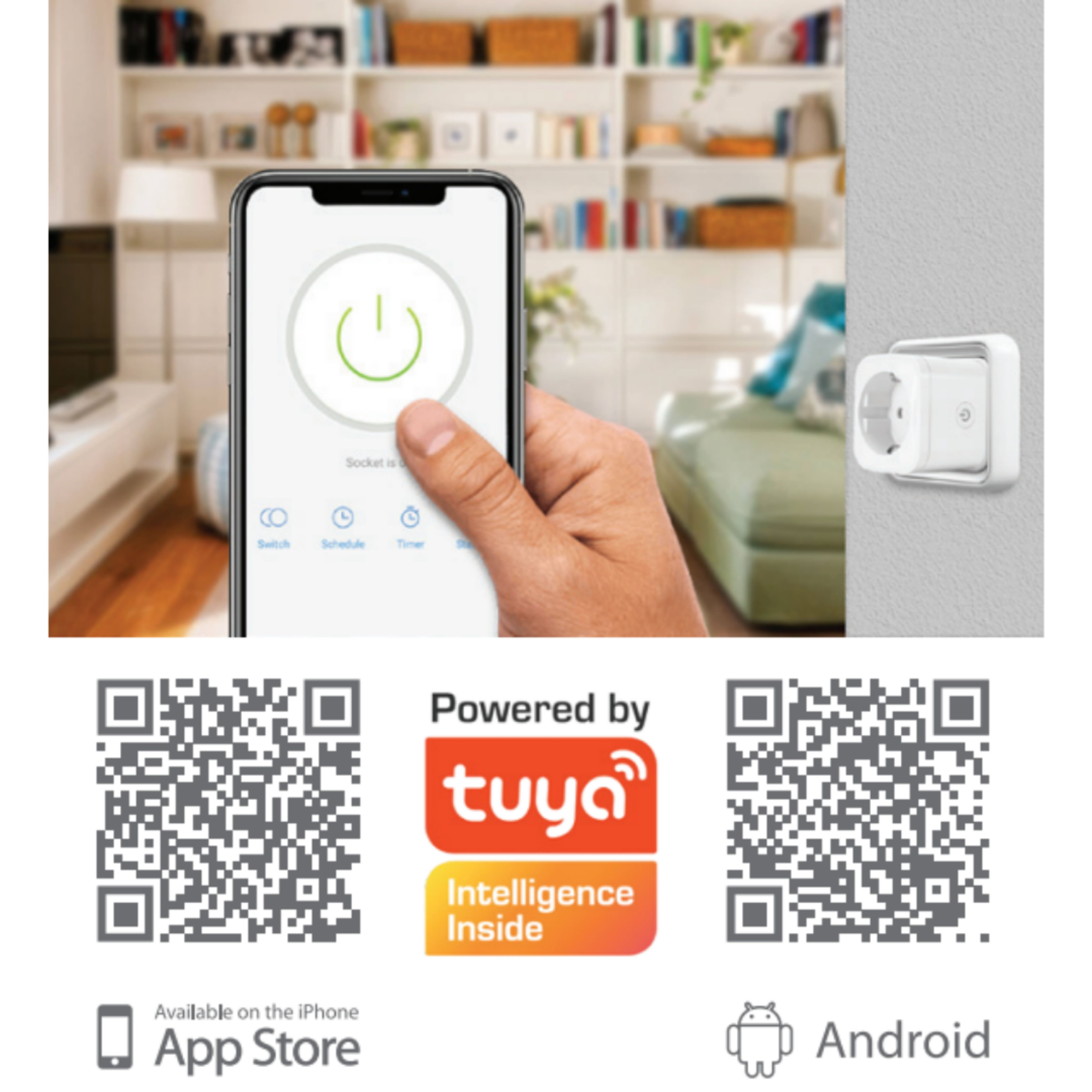 Una mano sostiene un smartphone con botón de encendido y un enchufe inteligente.
