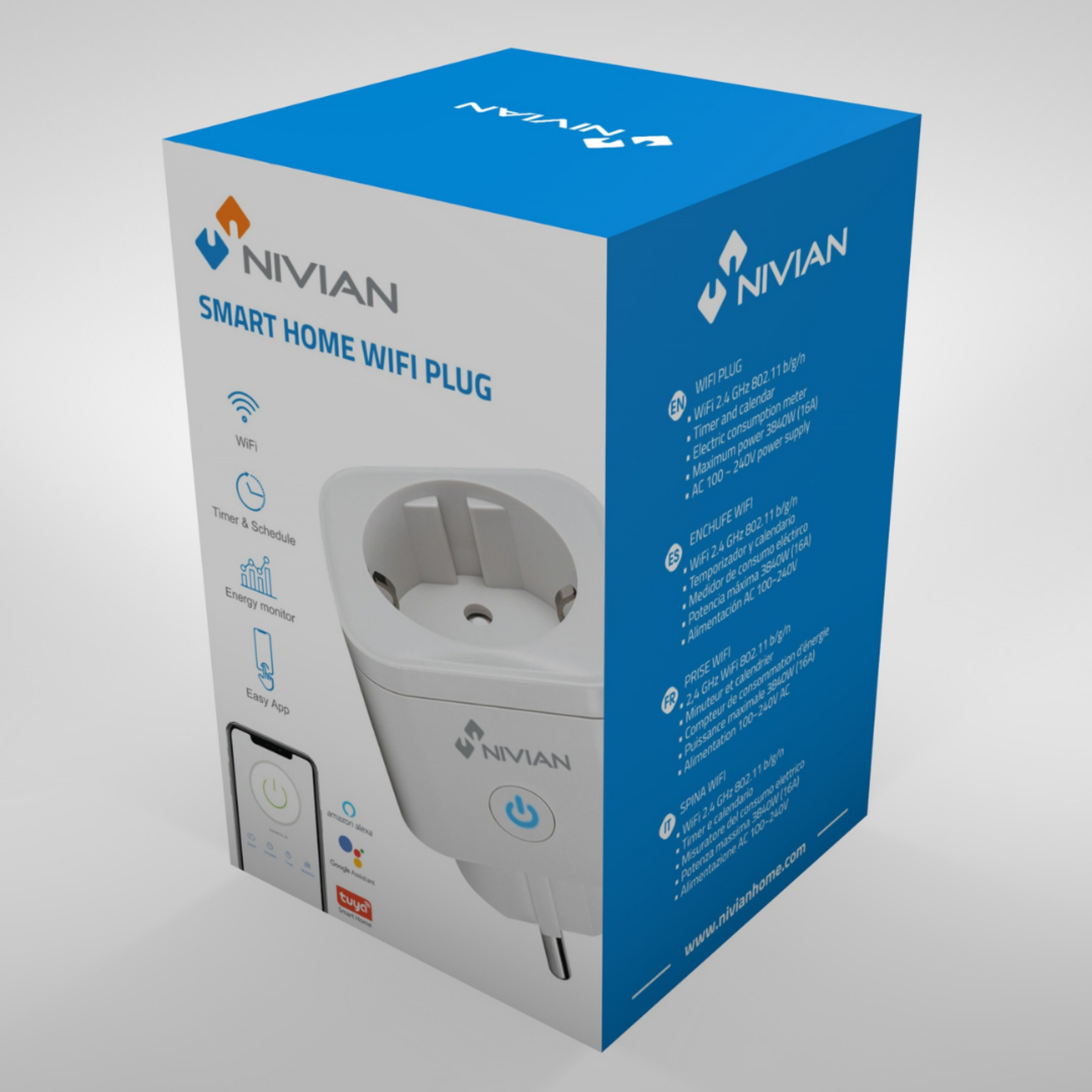 Enchufe WiFi para el hogar inteligente en una caja. Incluye WiFi, temporizador y monitor de energía.