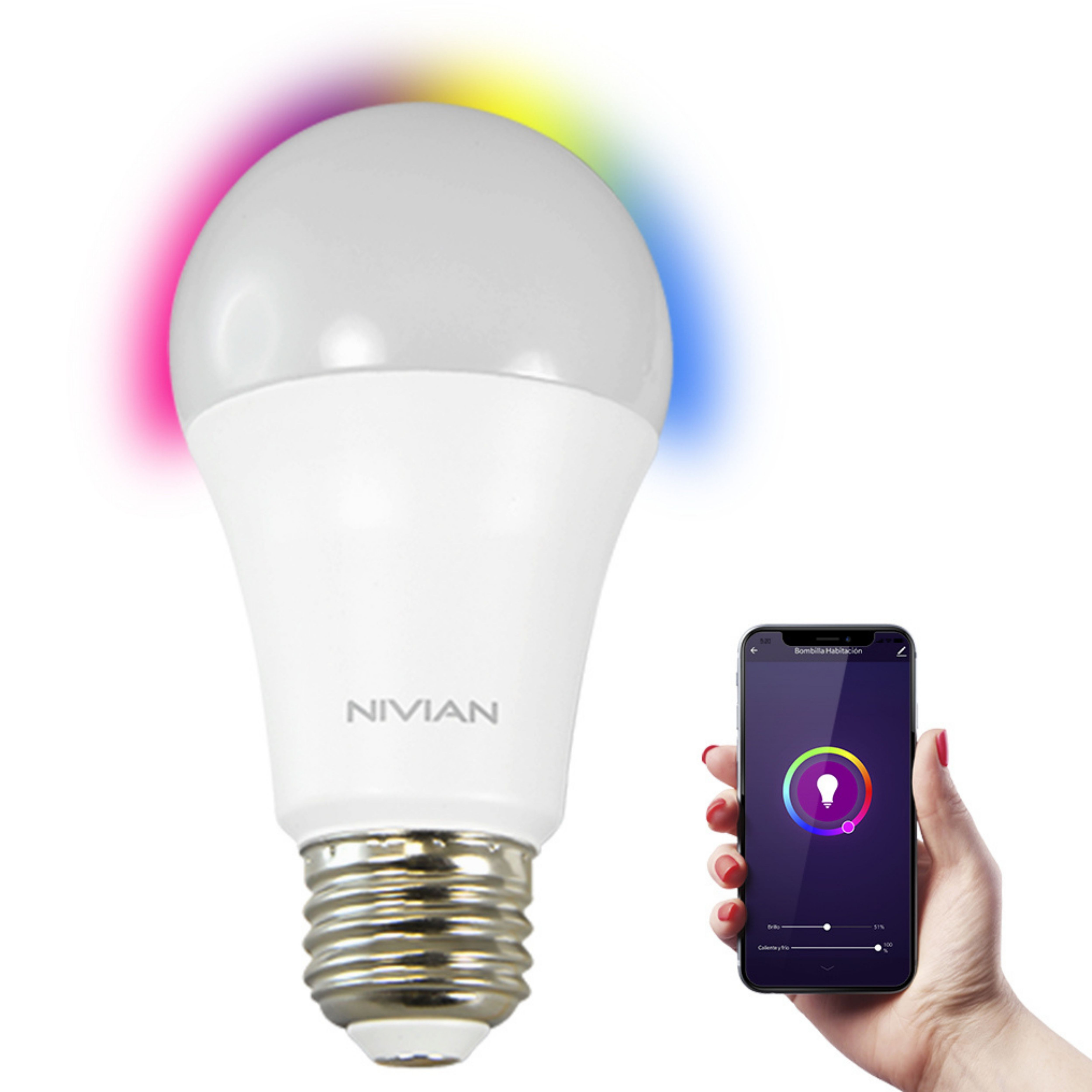 Bombilla Rgb Nvsrgbwbulb8e27w led e27 8w nivian–bombilla inteligentewifi 2.4ghz–colores ajustable–casquillo e27–consumo 800 lúmeneshasta 3000kluz cálidacompatible amazon alexa y google home–control remoto