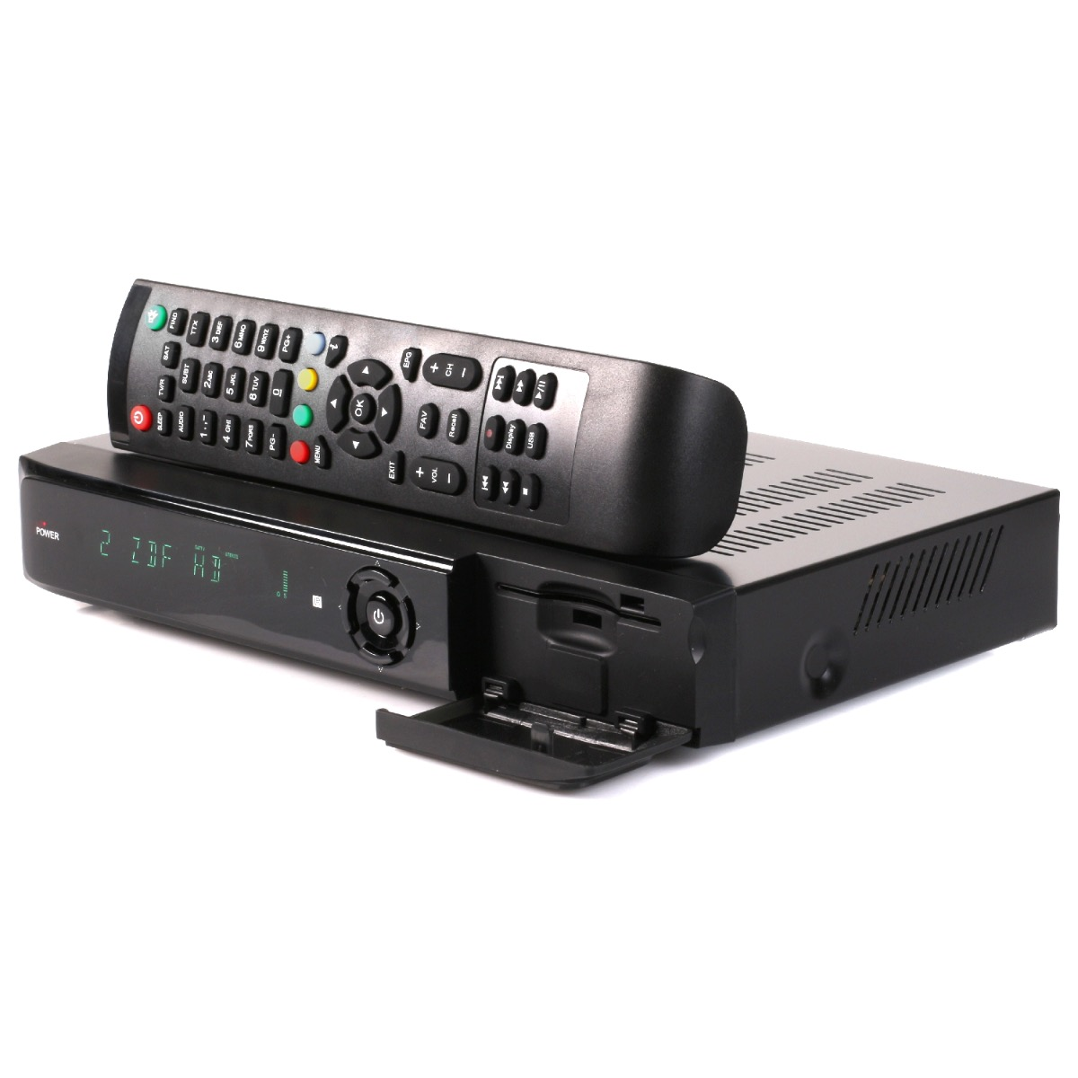 Schwarze Set-Top-Box mit Fernbedienung. Fernbedienung hat viele Tasten. Box hat ein Display und einen Kartenslot.