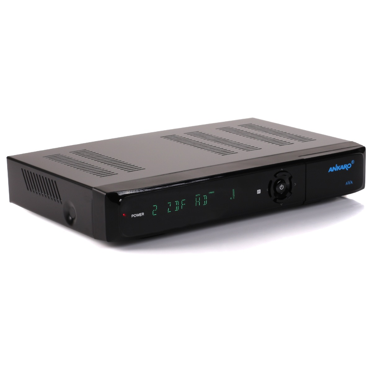 Schwarzer digitaler Receiver mit Display. Zeigt Zahlen und Text. Liegt auf weißer Oberfläche.