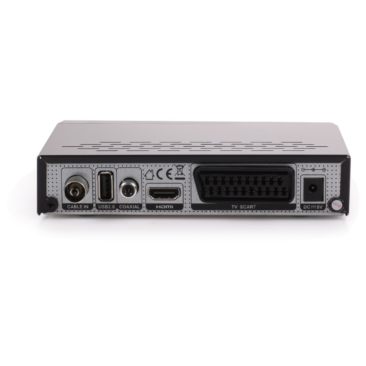 Schwarzer digitaler TV-Receiver mit Eingängen auf der Rückseite.