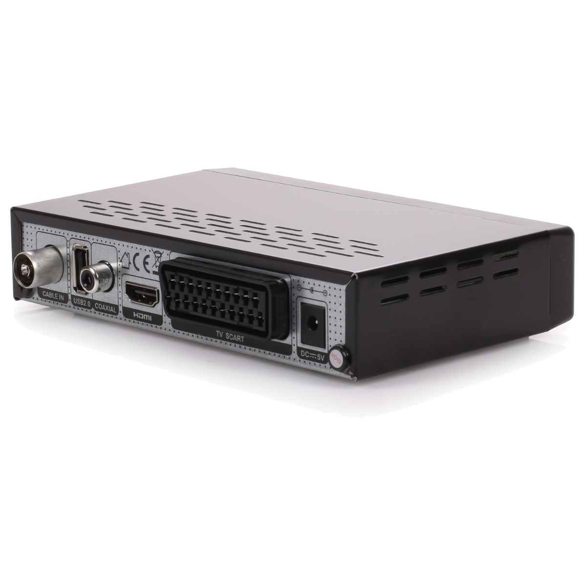Schwarzer TV-Receiver mit verschiedenen Anschlüssen, einschließlich HDMI und SCART.