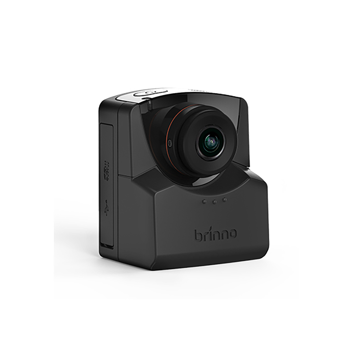 Action camera nera con obiettivo e testo del marchio.
