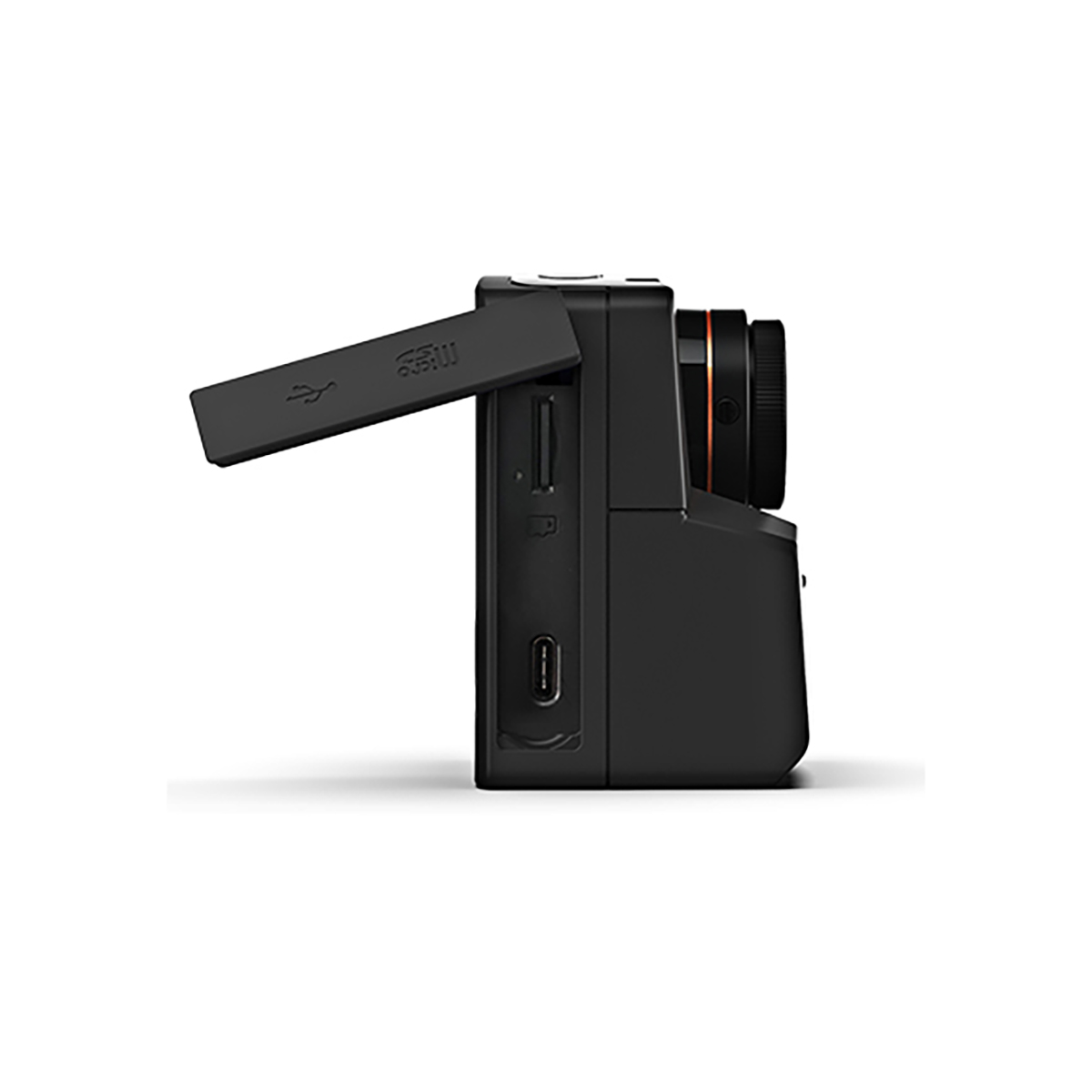 Una action camera nera con vista laterale che mostra le porte, su sfondo bianco.