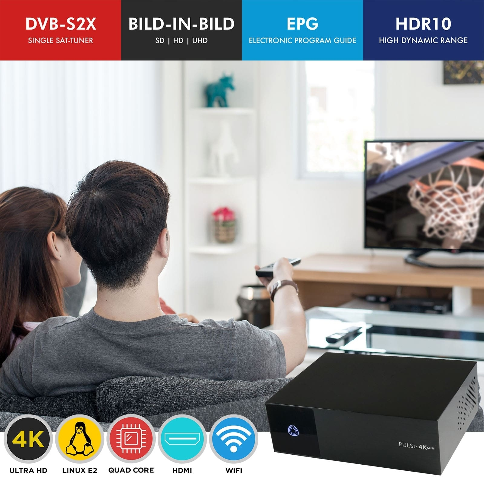 1xDVB-S2X (PVR-Funktion=optional, AB-COM UHD UHD HDR10 CI PULSe Sat-Receiver WiFi MicroSD-Slot schwarz) 4K E2 Mini Receiver Linux Sat 4K