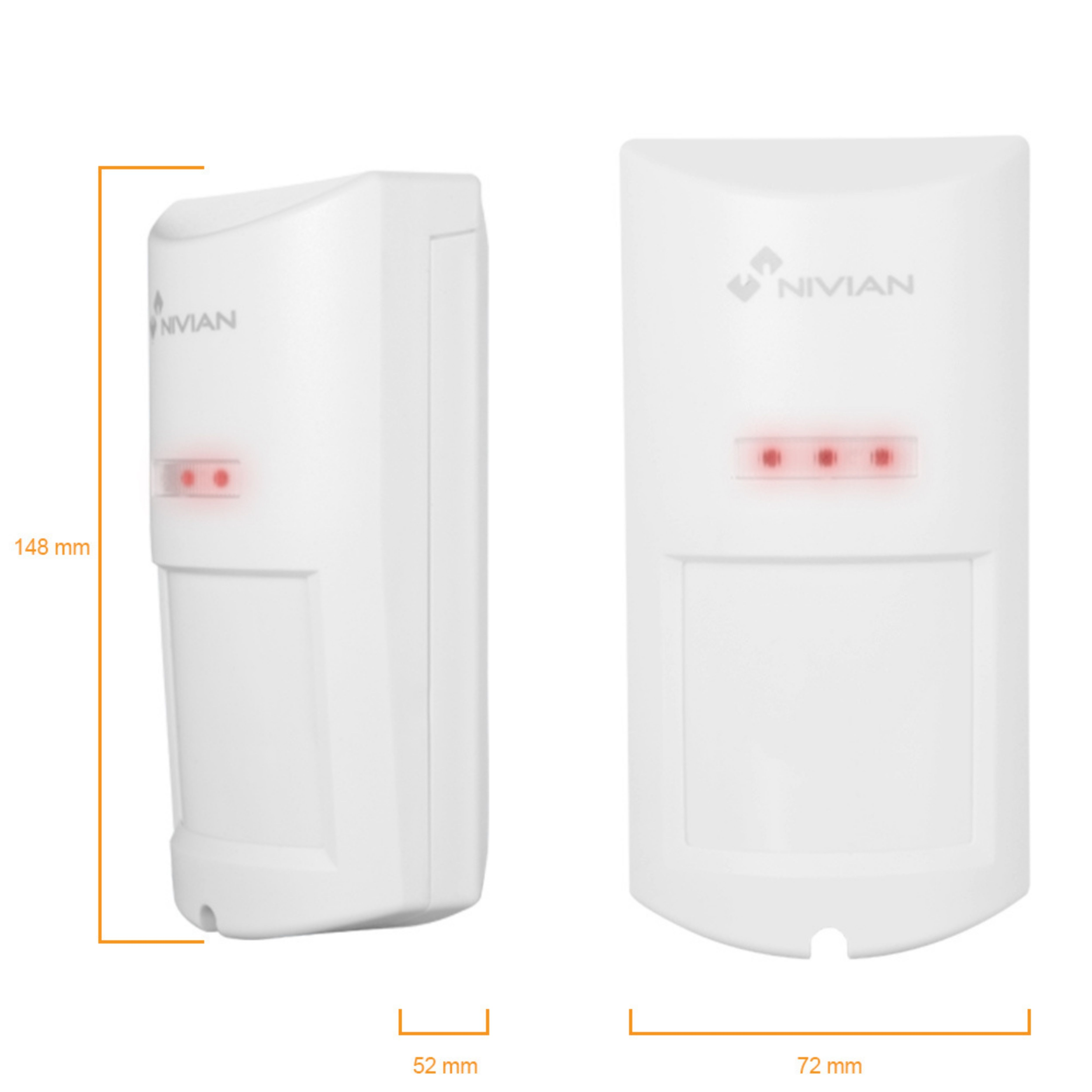Sensor de seguridad blanco con tres luces rojas. Muestra dimensiones.