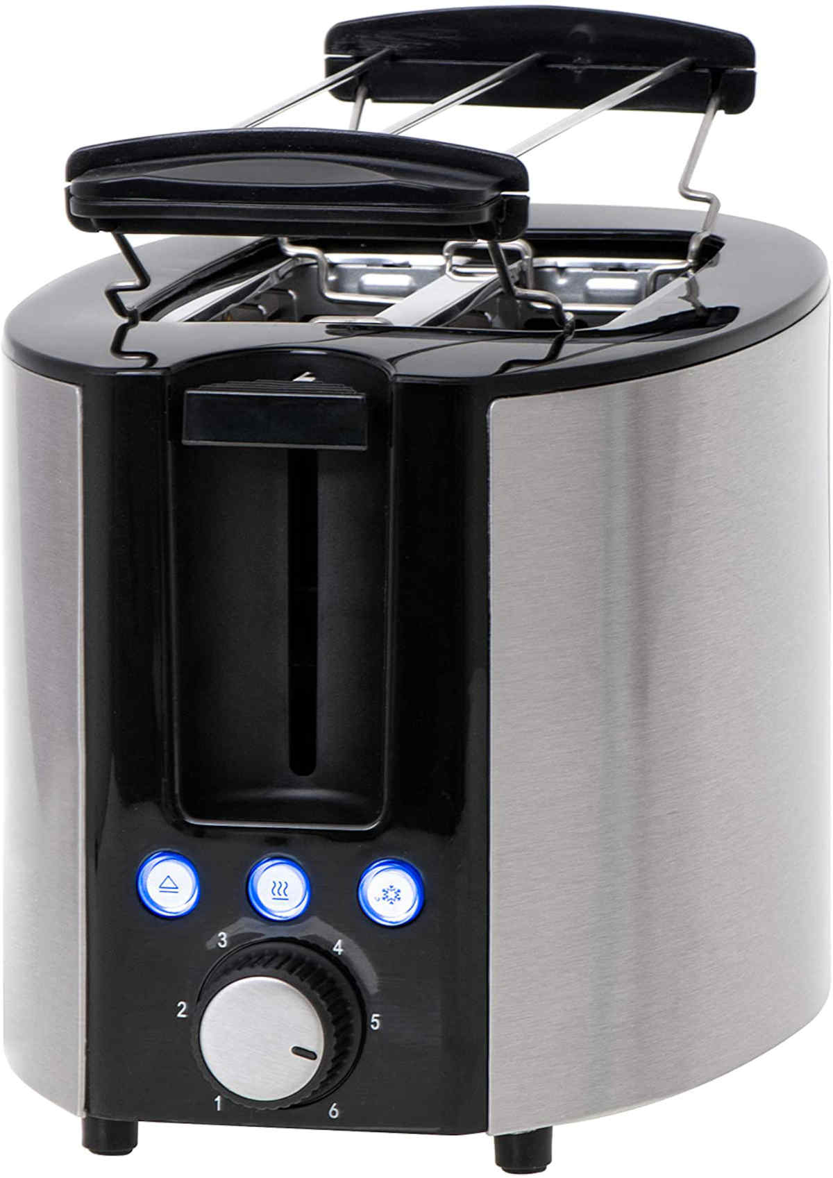 Toster srebrno-czarny. Dwa otwory, dźwignia z boku, z pokrętłem.