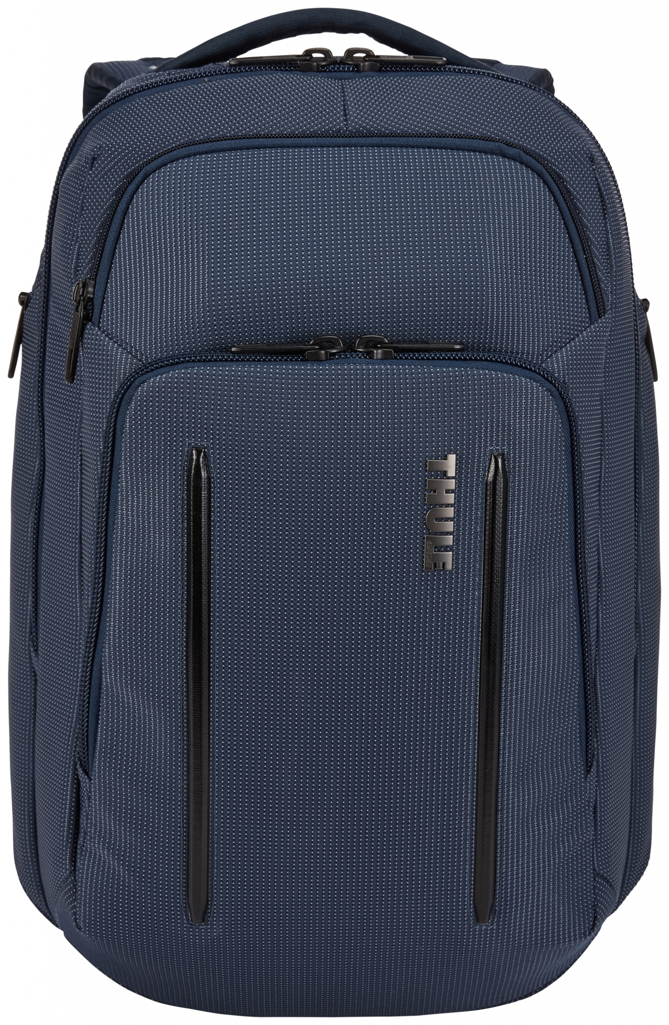 Ein dunkelblauer Rucksack mit schwarzen Akzenten und dem Wort THULE. Er hat zwei vordere Taschen.