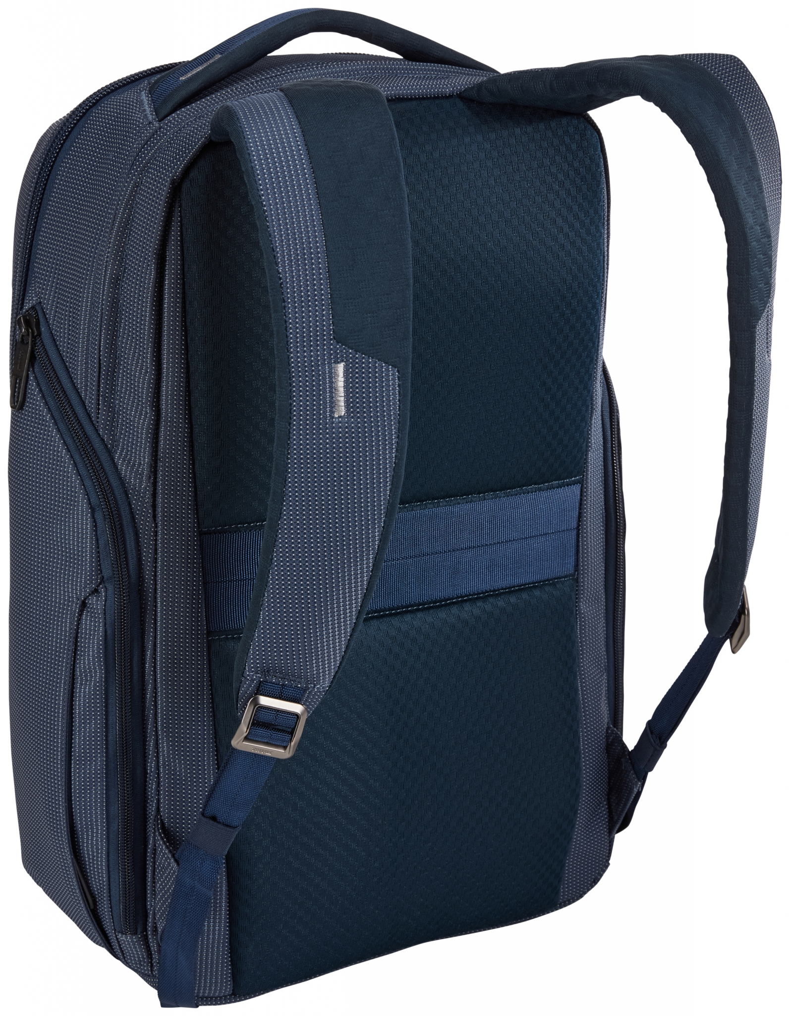 Blauer Rucksack mit gepolsterten Trägern. Dunkelblaue Farbe mit strukturierter Oberfläche. Die Rückseite ist sichtbar.