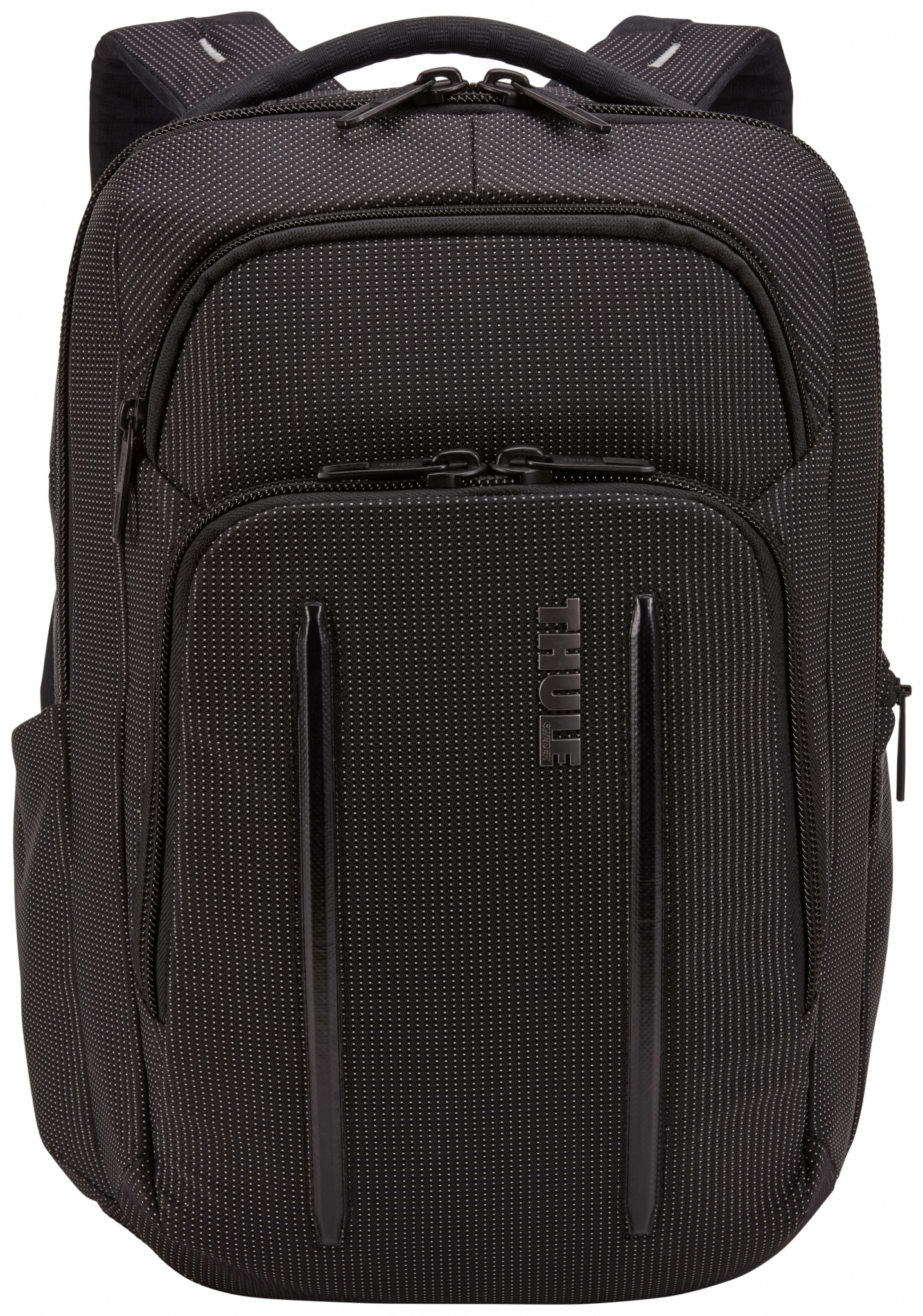 Schwarzer Rucksack mit weißen Punkten, Vorderansicht, mit "THULE"-Logo.