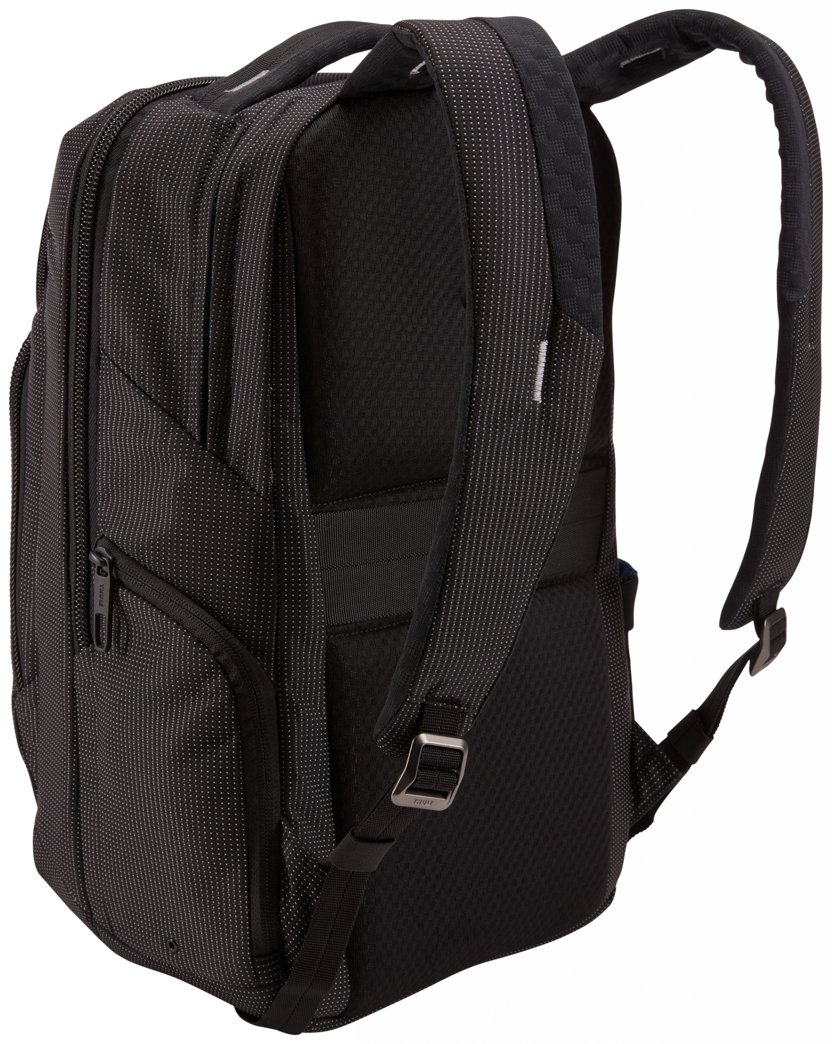 Schwarzer Rucksack mit weißem Punktmuster. Seitenansicht, Träger und Reißverschlüsse.