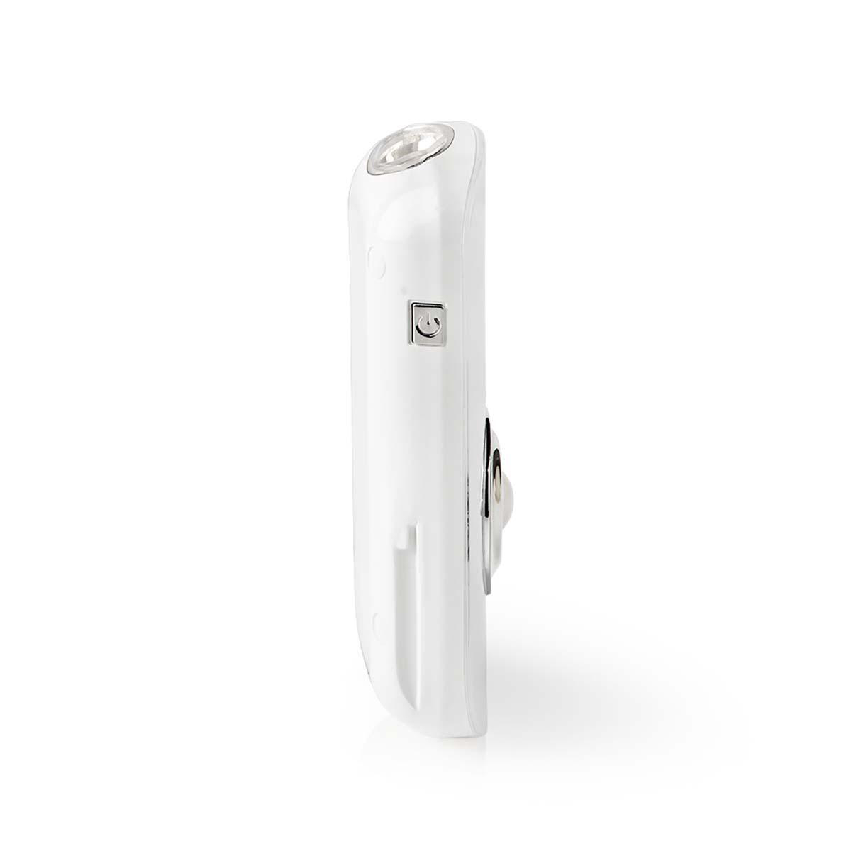 White flashlight, side view, with a button and a light. White background.
