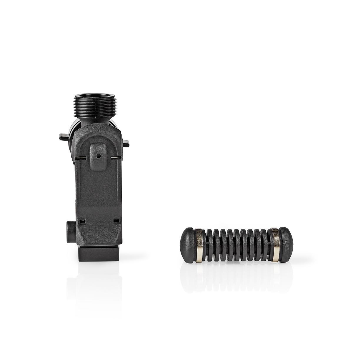 Schwarzer Stecker und ein kleines zylindrisches Objekt. Das zylindrische Objekt hat Metallenden.
