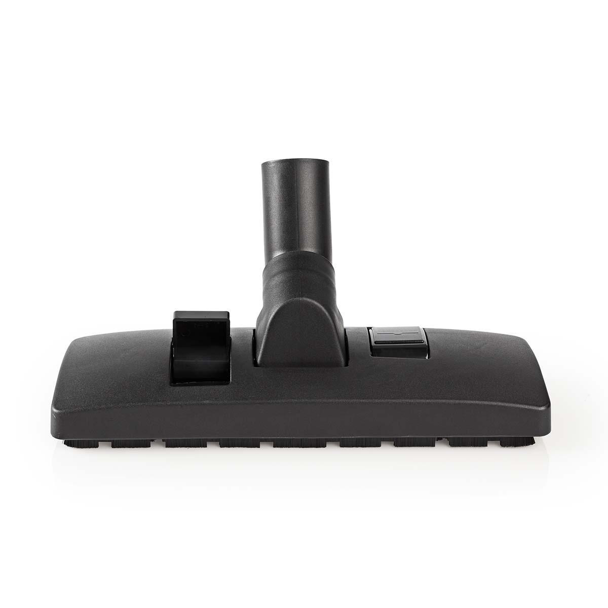 Een zwarte stofzuigerkop op wit. Het heeft borstels en een connector voor de stofzuiger.