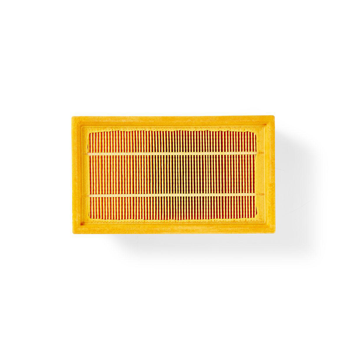 Yellow air filter with vertical lines, top view, on white background.