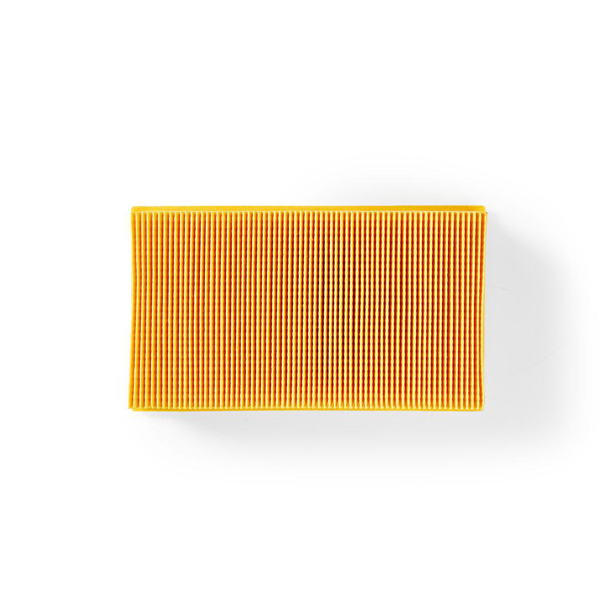 A rectangular air filter with an orange pleated pattern, on a white backdrop.
