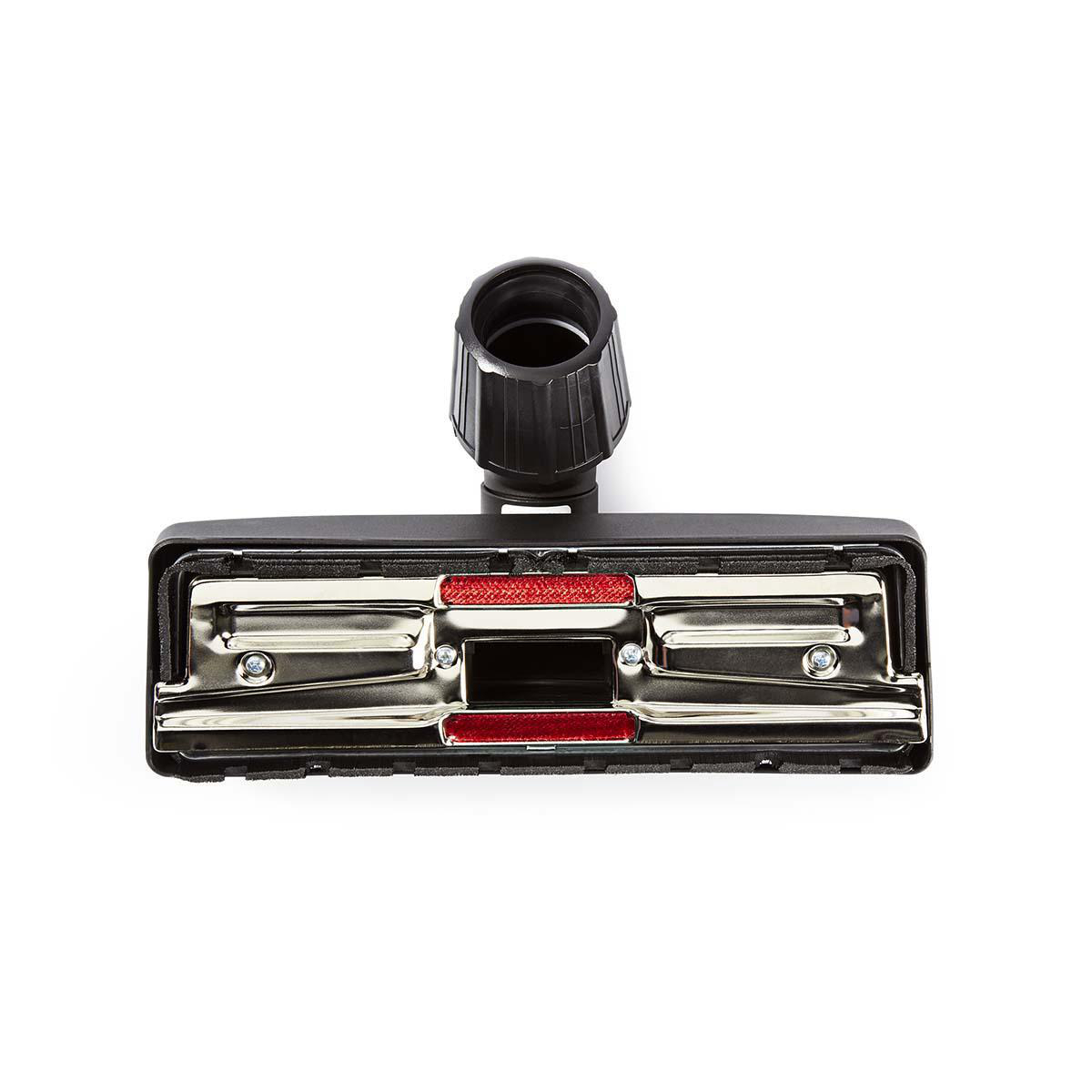Tête d'aspirateur noire avec rayures rouges et détails argentés, fond blanc.
