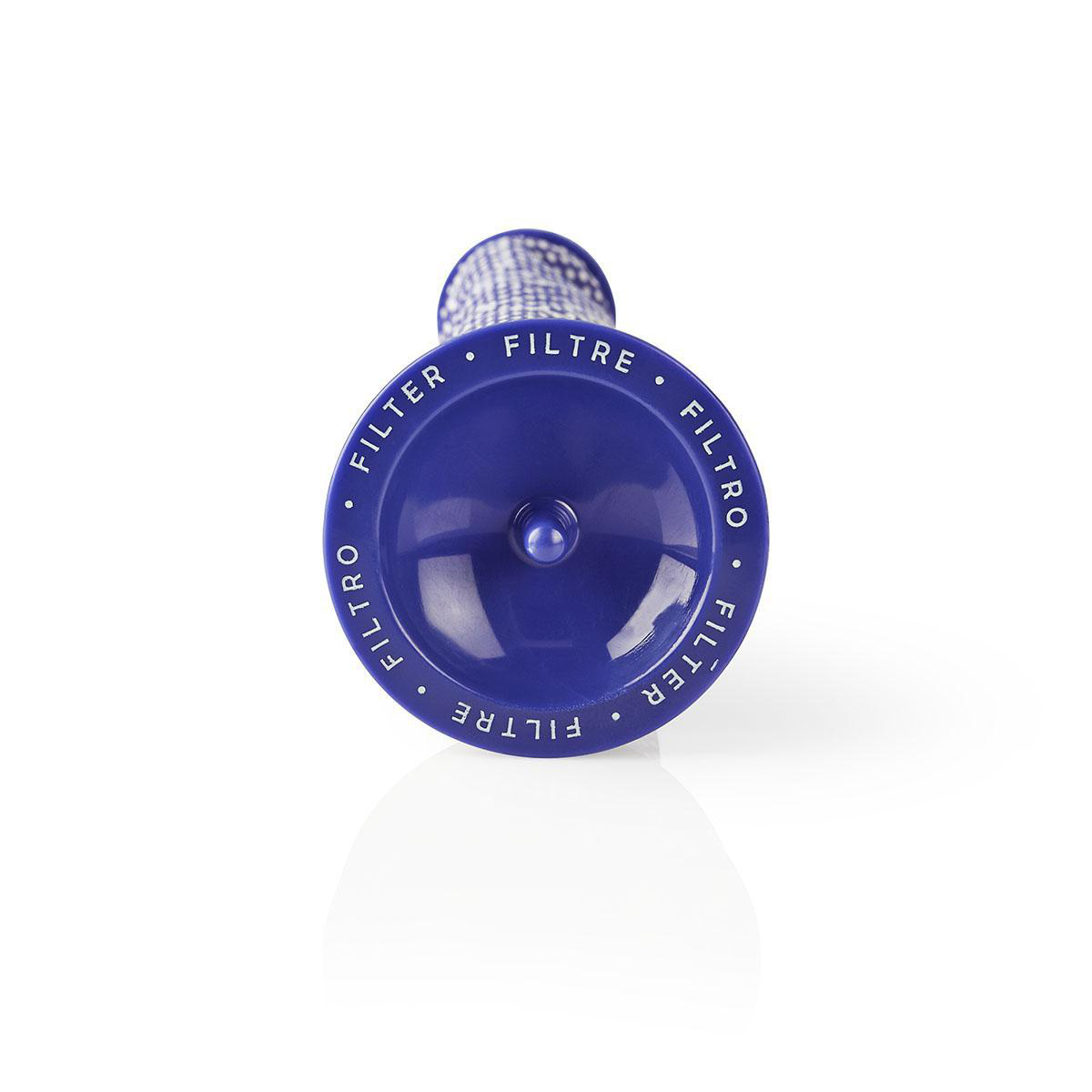 Blau-weißer Staubsaugerfilter mit Text. Es liegt auf einer weißen Oberfläche.